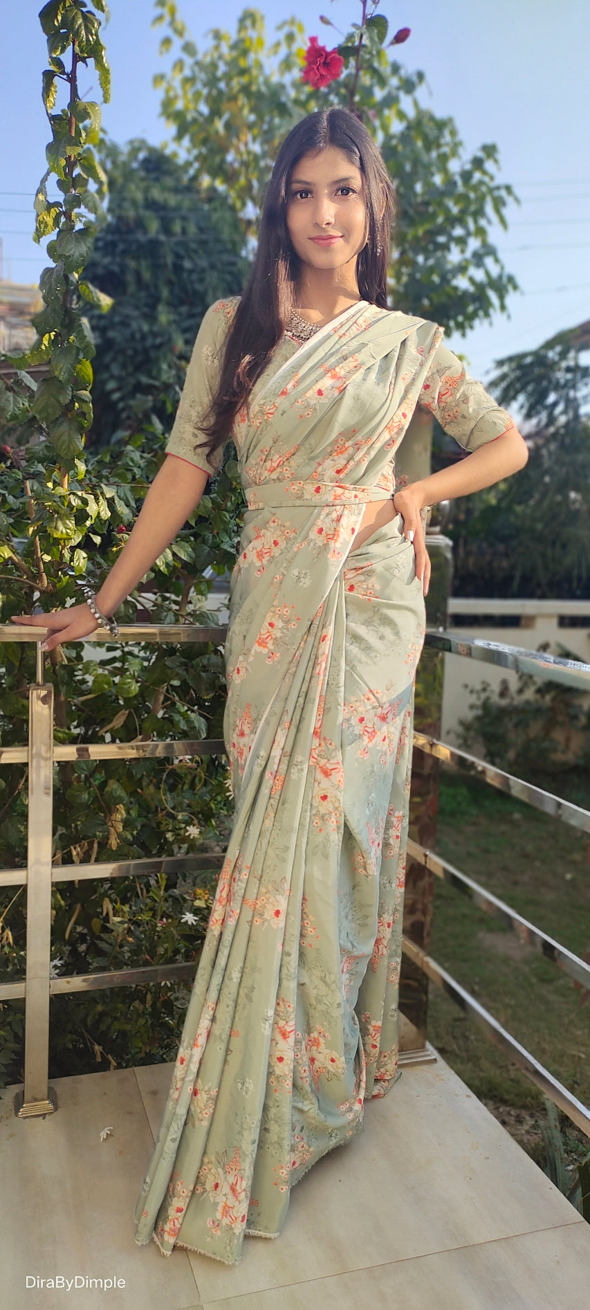 Comfy Green Olive Soft Satin Printed Saree Floral