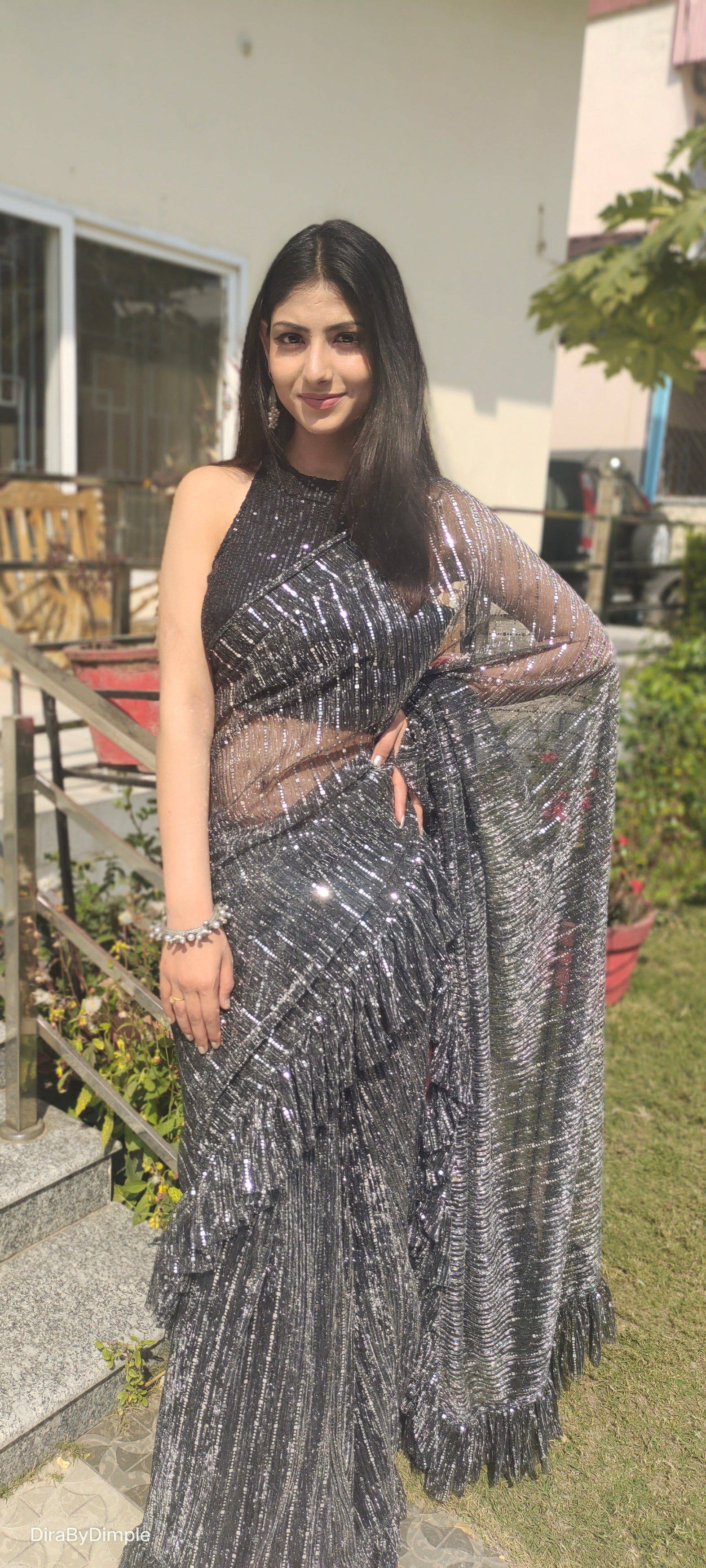 Dazzling Black Lycra Ruffled Saree Blingy Geometric