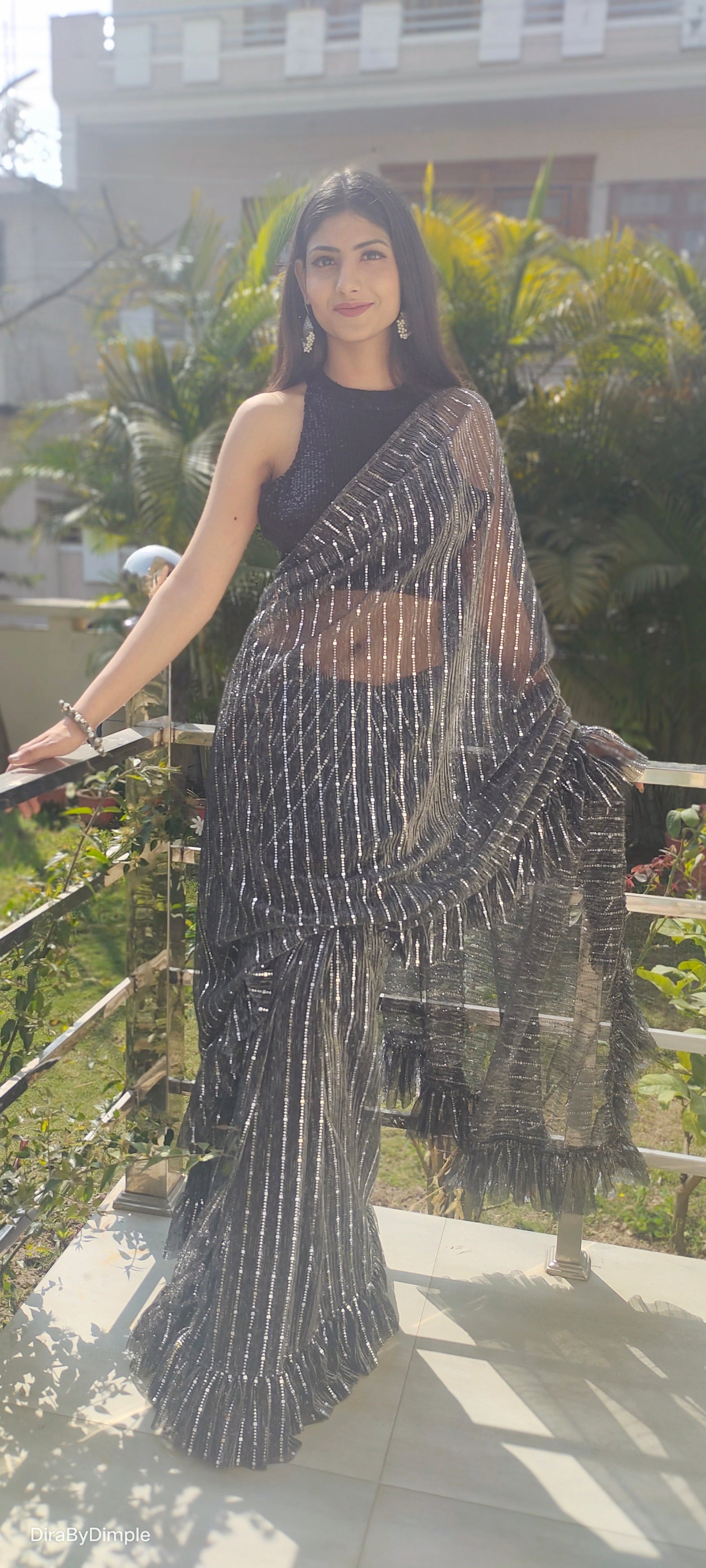 Dazzling Black Lycra Ruffled Saree Blingy Geometric
