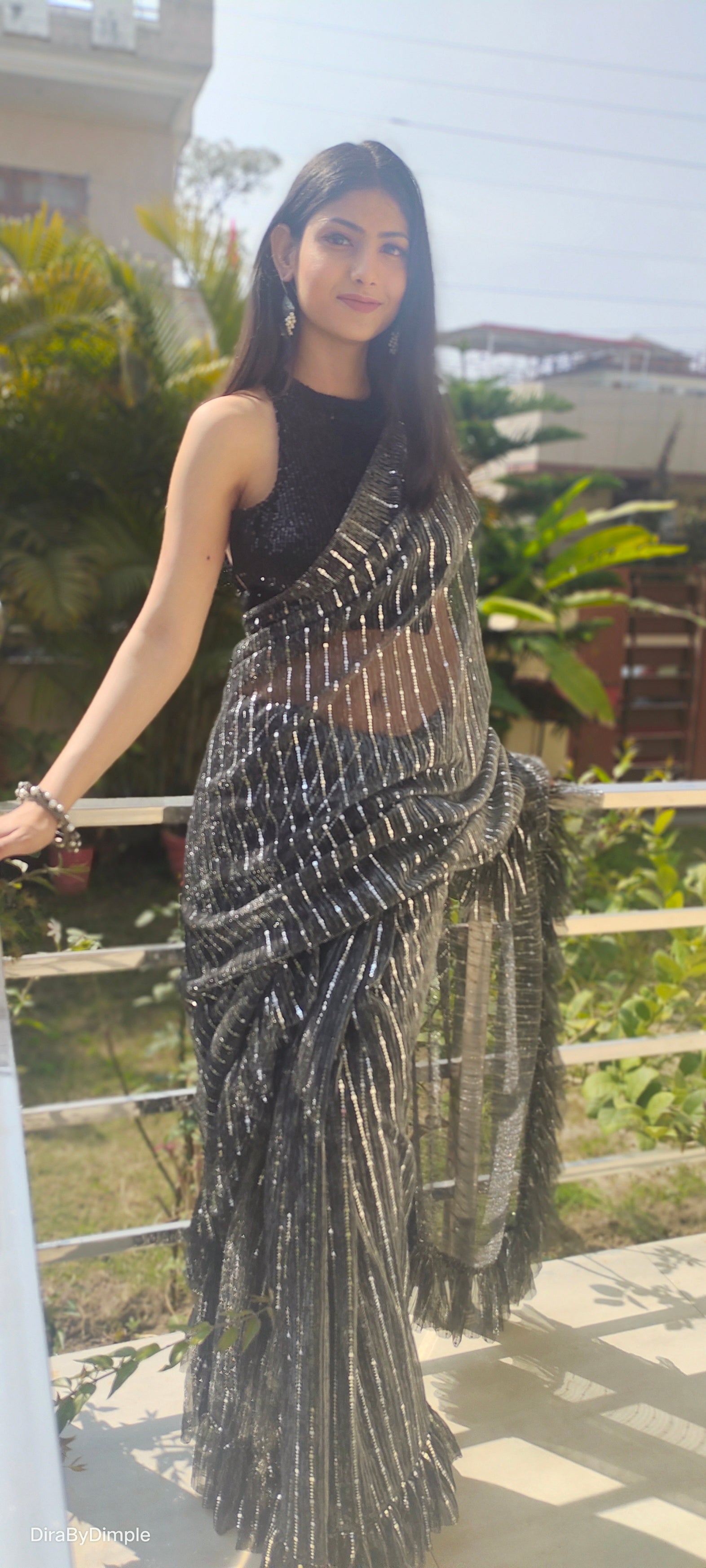 Dazzling Black Lycra Ruffled Saree Blingy Geometric