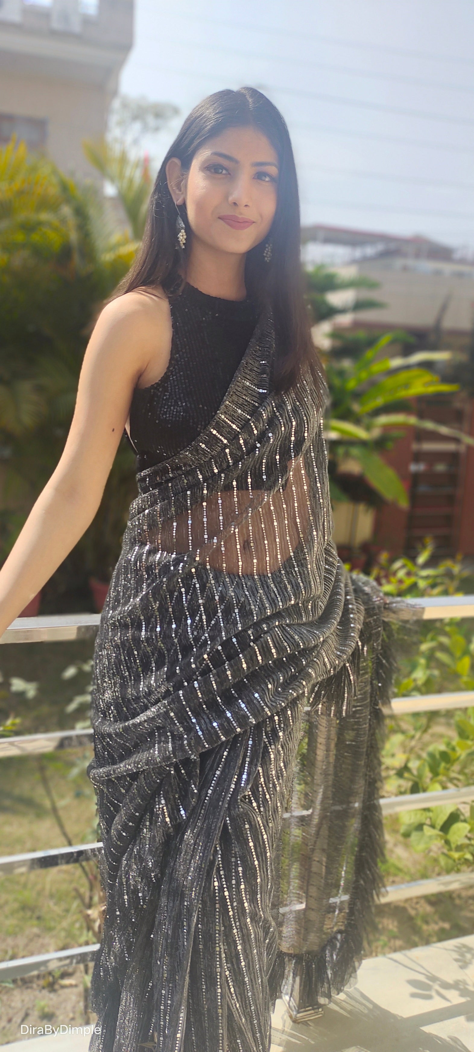 Dazzling Black Lycra Ruffled Saree Blingy Geometric