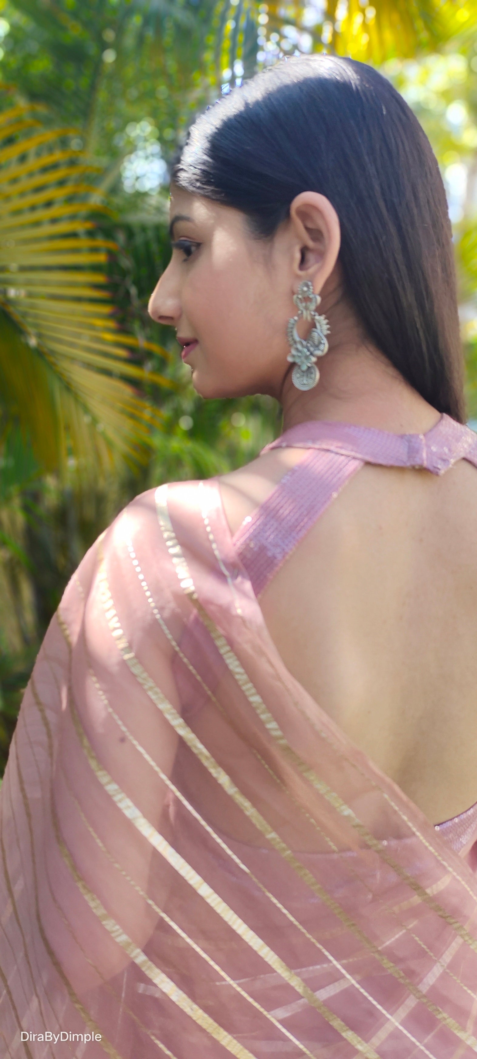 Luxurious Rose Gold Organza Saree Zari Stripes Geometric