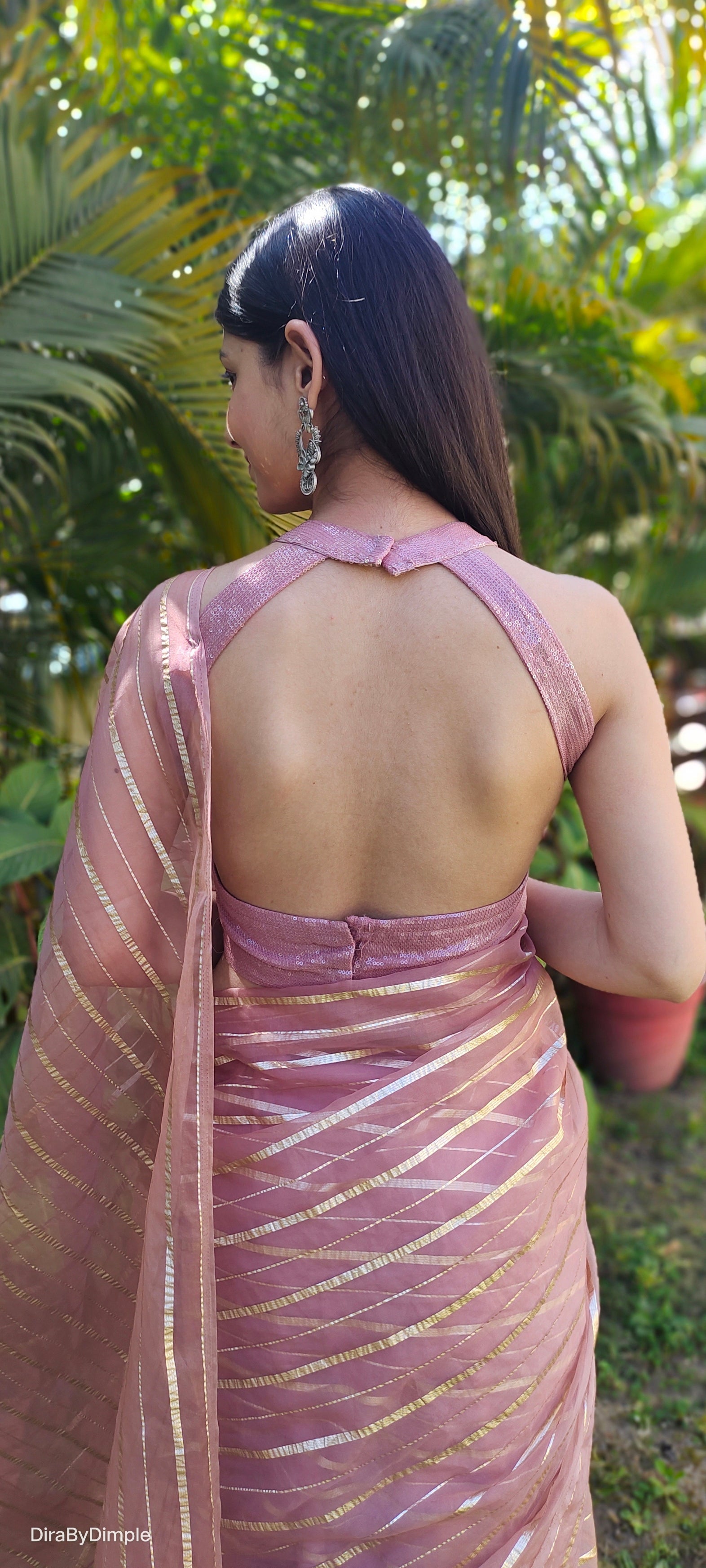 Luxurious Rose Gold Organza Saree Zari Stripes Geometric