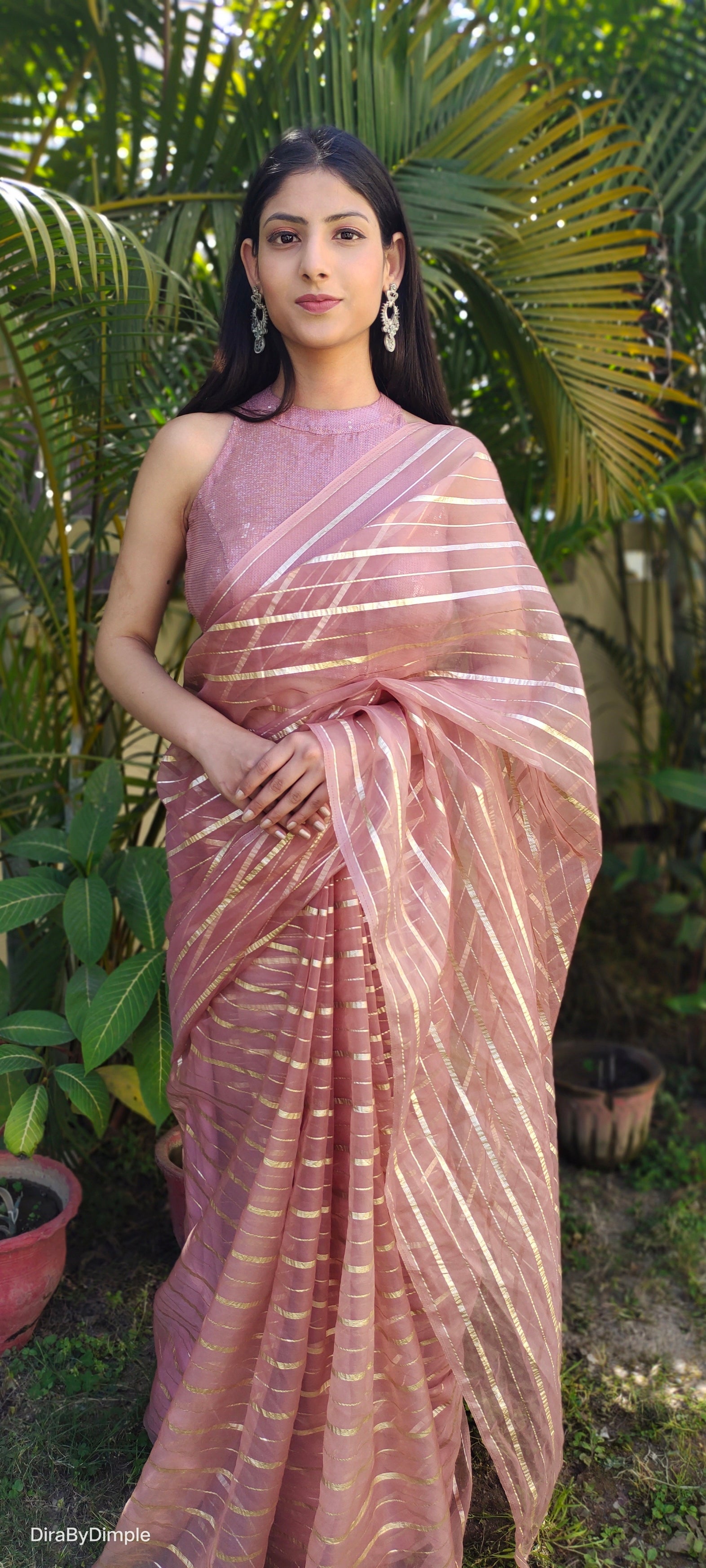 Luxurious Rose Gold Organza Saree Zari Stripes Geometric