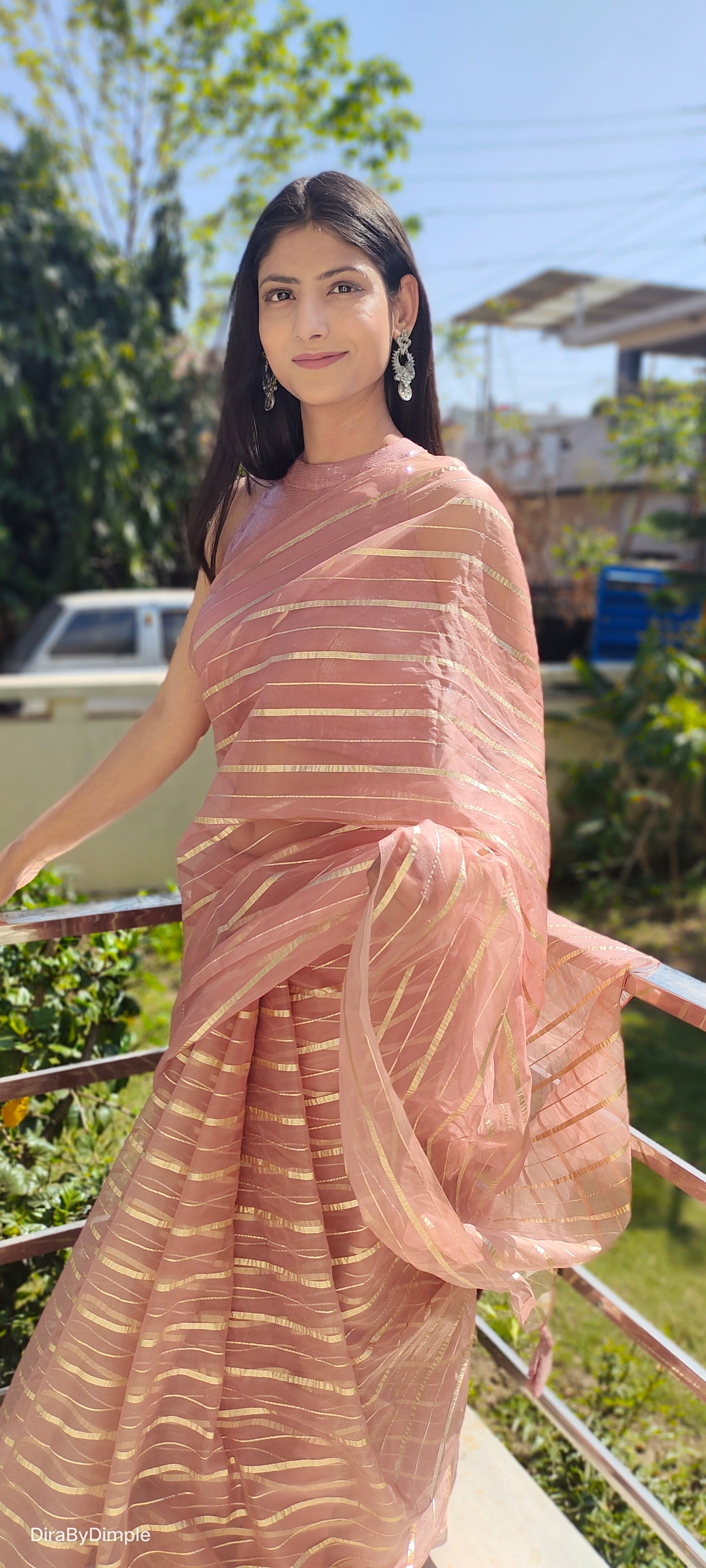 Luxurious Rose Gold Organza Saree Zari Stripes Geometric