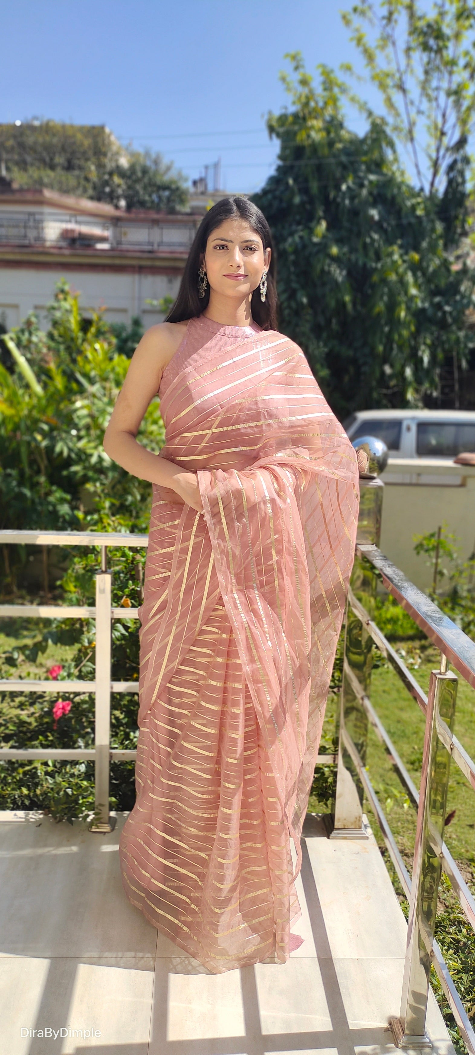 Luxurious Rose Gold Organza Saree Zari Stripes Geometric