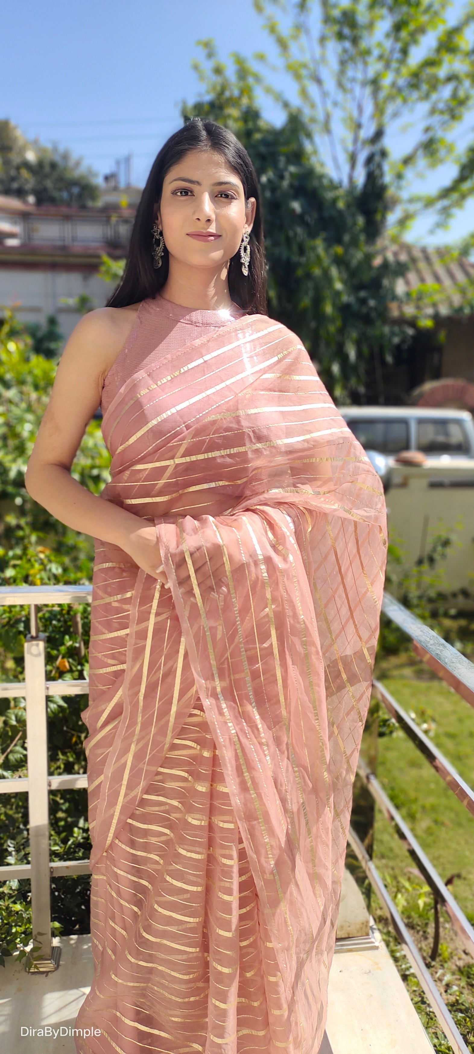 Luxurious Rose Gold Organza Saree Zari Stripes Geometric