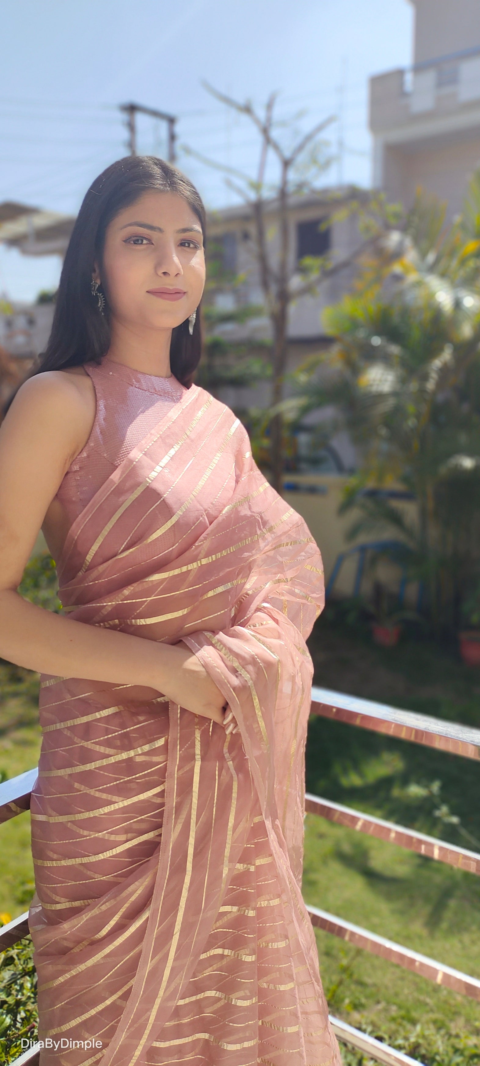 Luxurious Rose Gold Organza Saree Zari Stripes Geometric