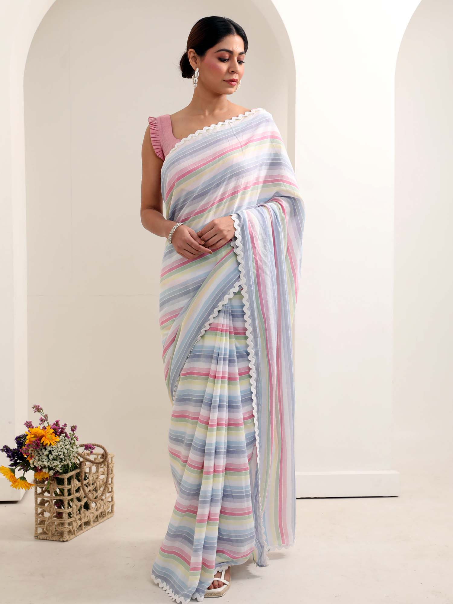 Soothing Blue Pink White Multicolor Cotton Striped Saree Zigzag Lace