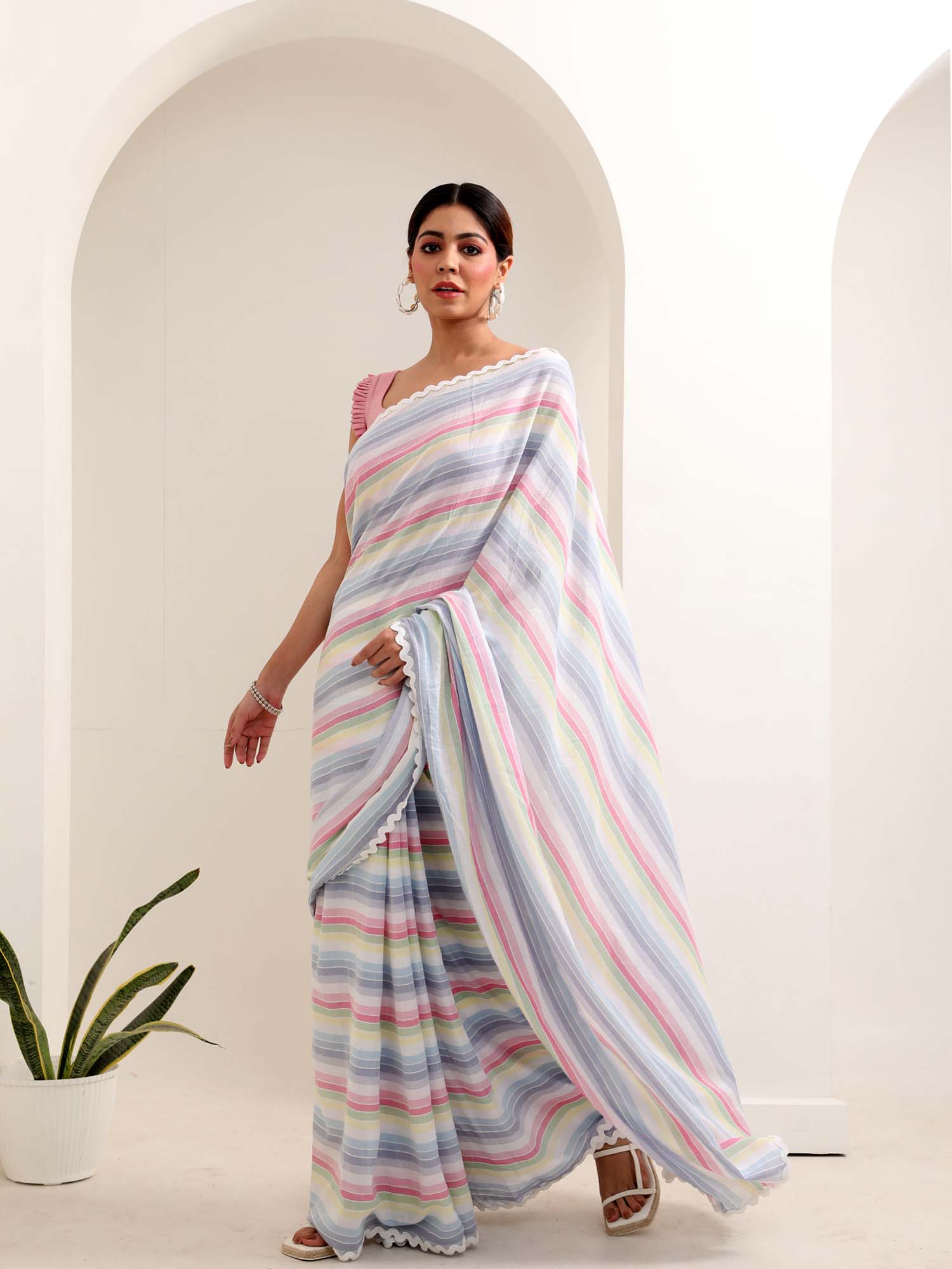 Soothing Blue Pink White Multicolor Cotton Striped Saree Zigzag Lace