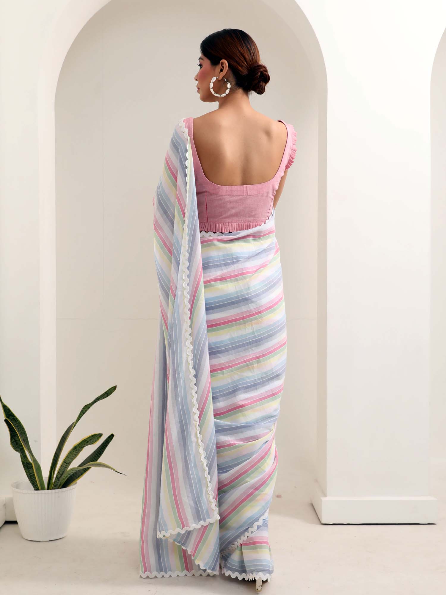Soothing Blue Pink White Multicolor Cotton Striped Saree Zigzag Lace