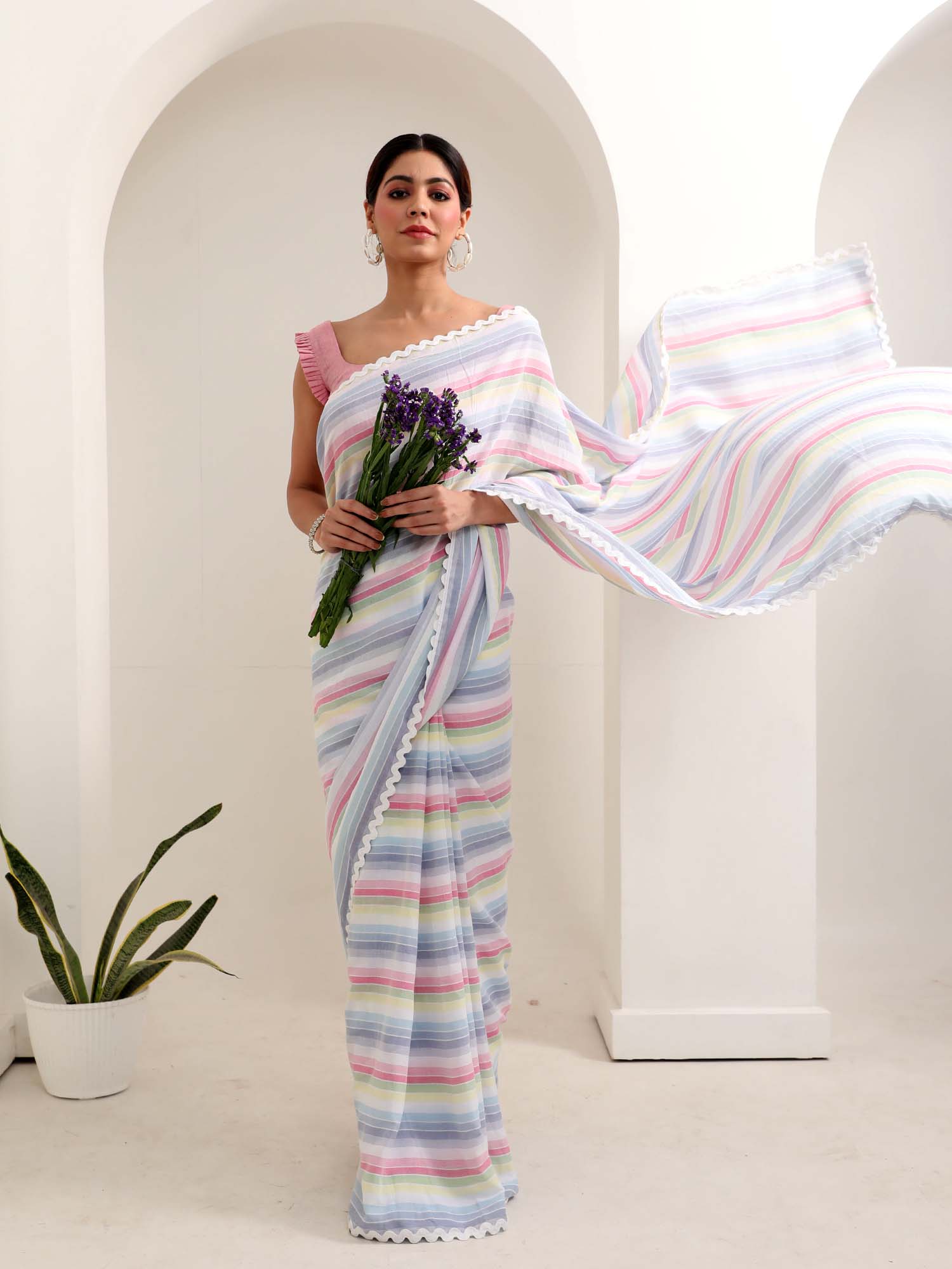 Soothing Blue Pink White Multicolor Cotton Striped Saree Zigzag Lace