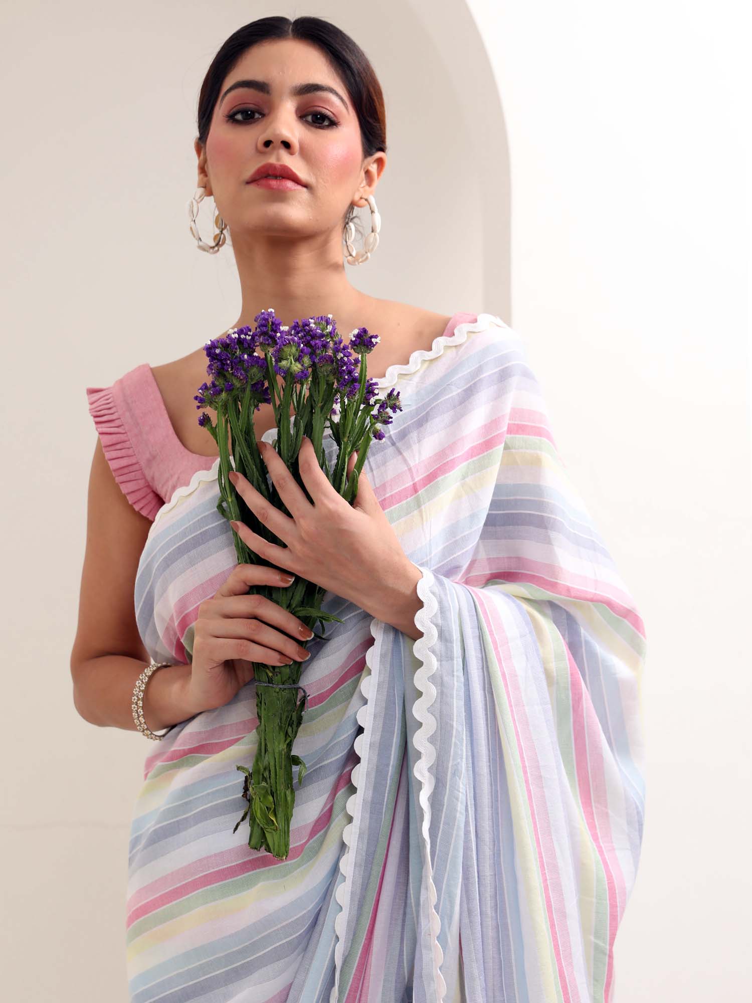 Soothing Blue Pink White Multicolor Cotton Striped Saree Zigzag Lace