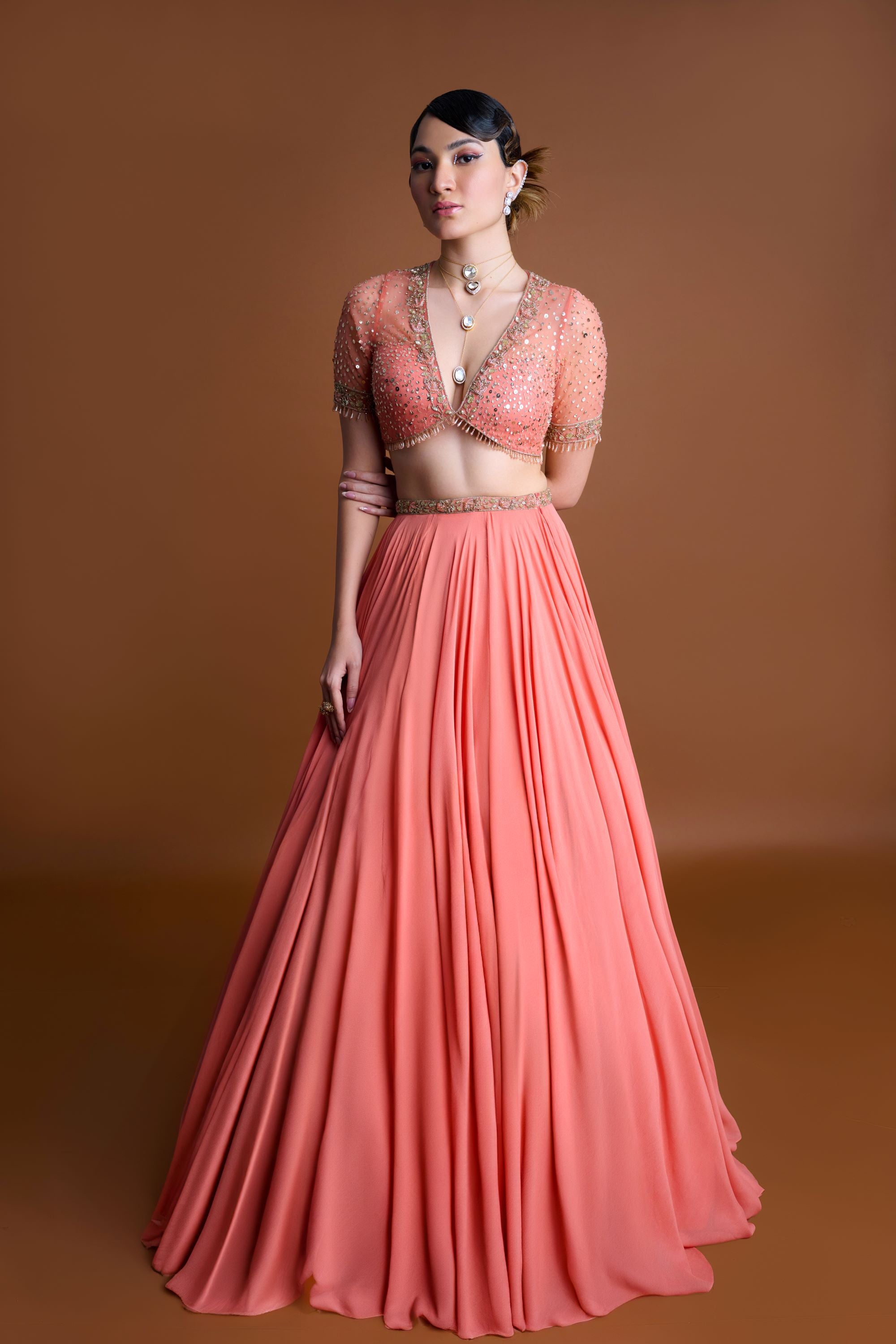 Elegant Rust Orange Georgette Apricot Affair Lehenga Organza Dupatta