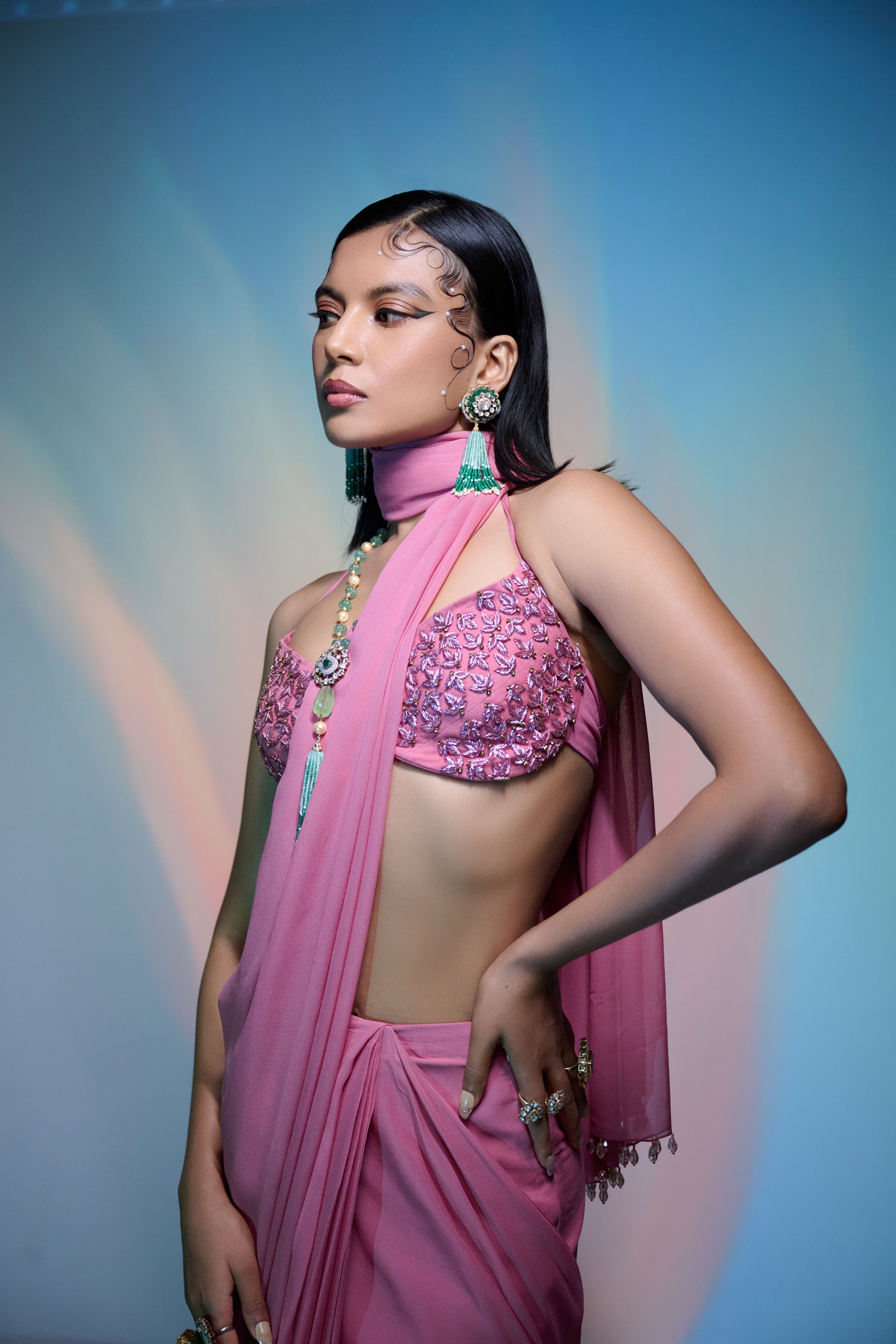 Elegant Peachy Pink Georgette Noble Blush Ready Saree Dabka Embroidery