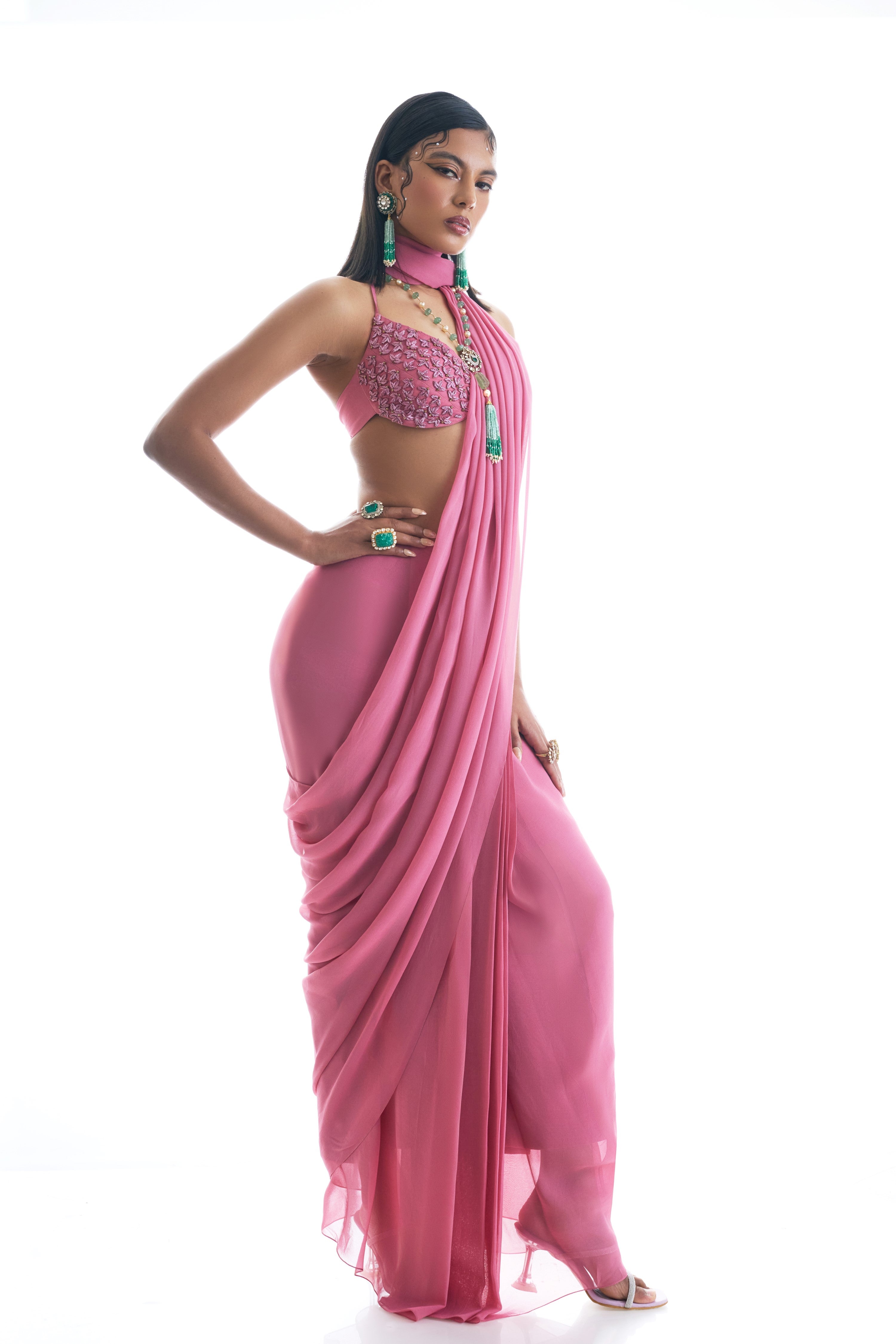 Elegant Peachy Pink Georgette Noble Blush Ready Saree Dabka Embroidery