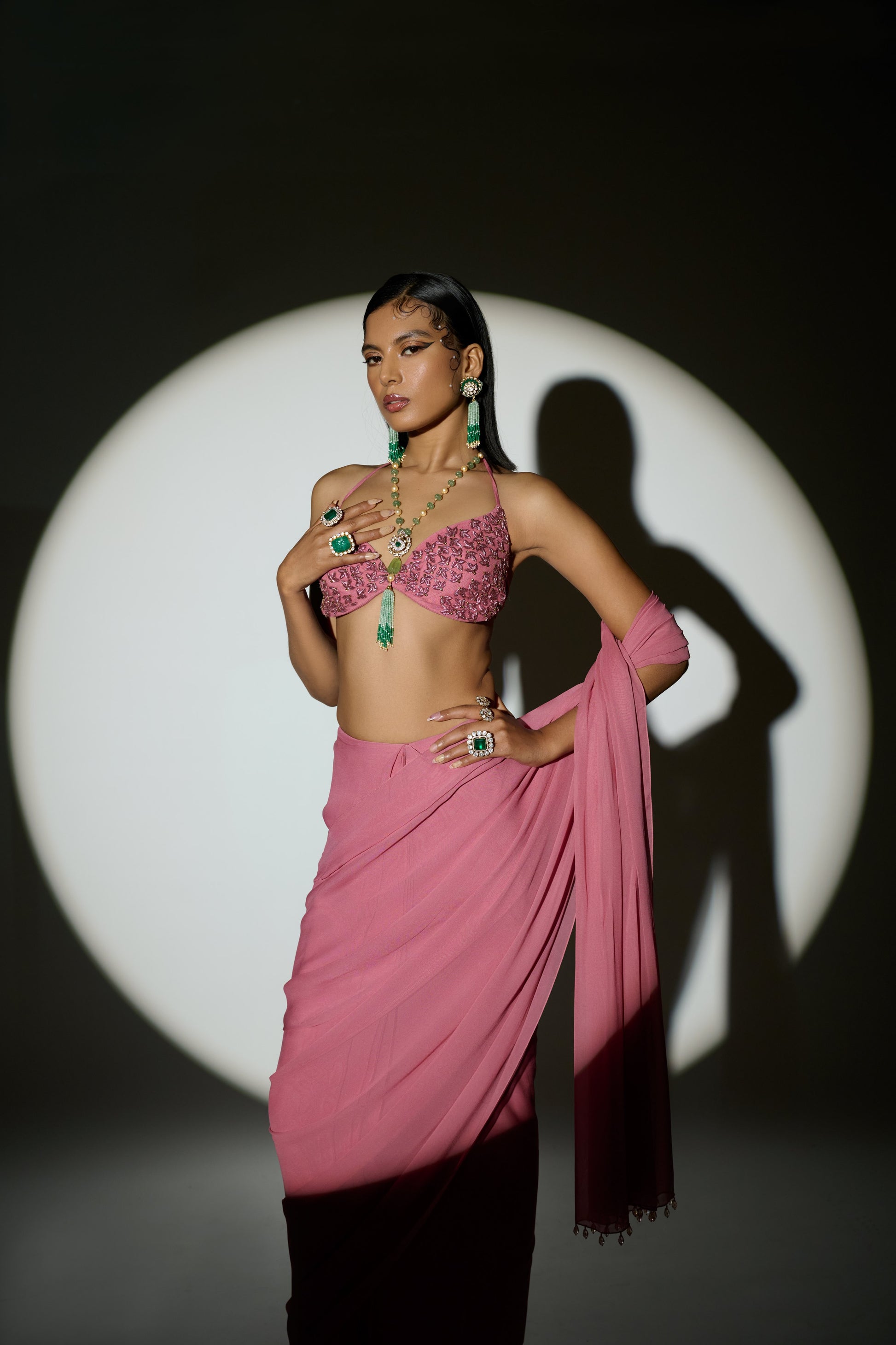 Elegant Peachy Pink Georgette Noble Blush Ready Saree Dabka Embroidery