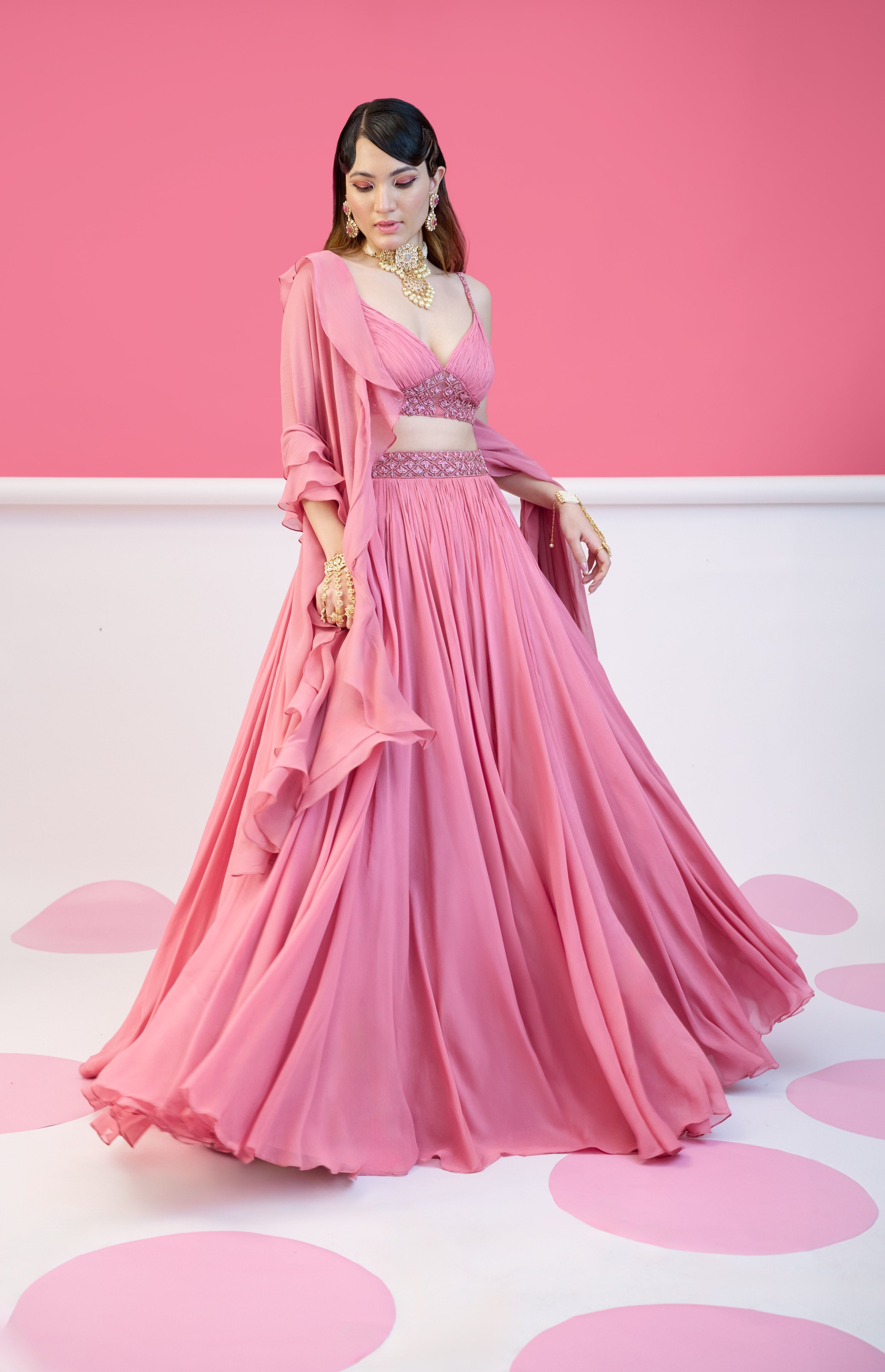 Captivating Peachy Pink Georgette Noble Rose Lehenga Dabka Embroidery