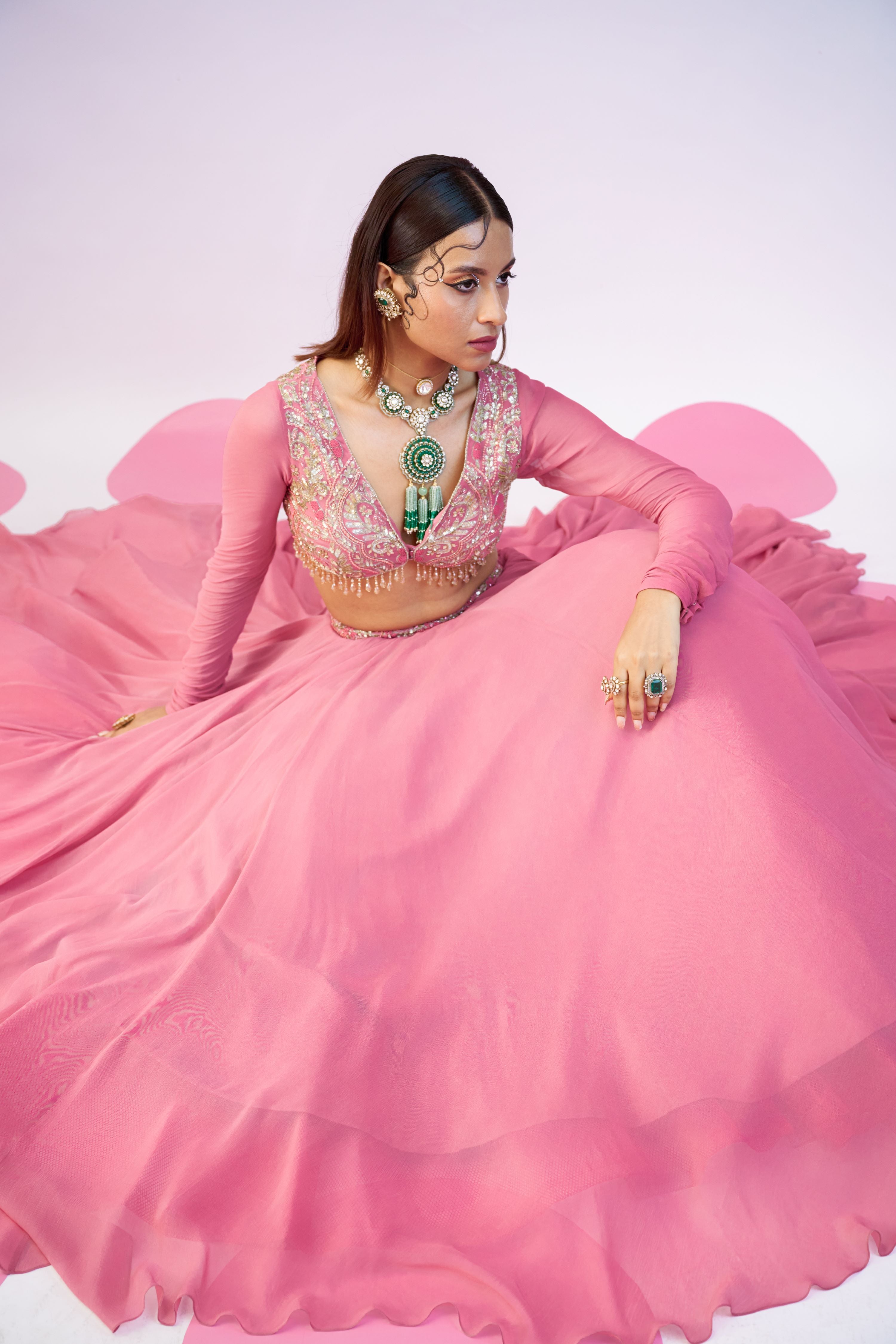 Majestic Peachy Pink Georgette Regal Rose Lehenga Intricate Embroidery