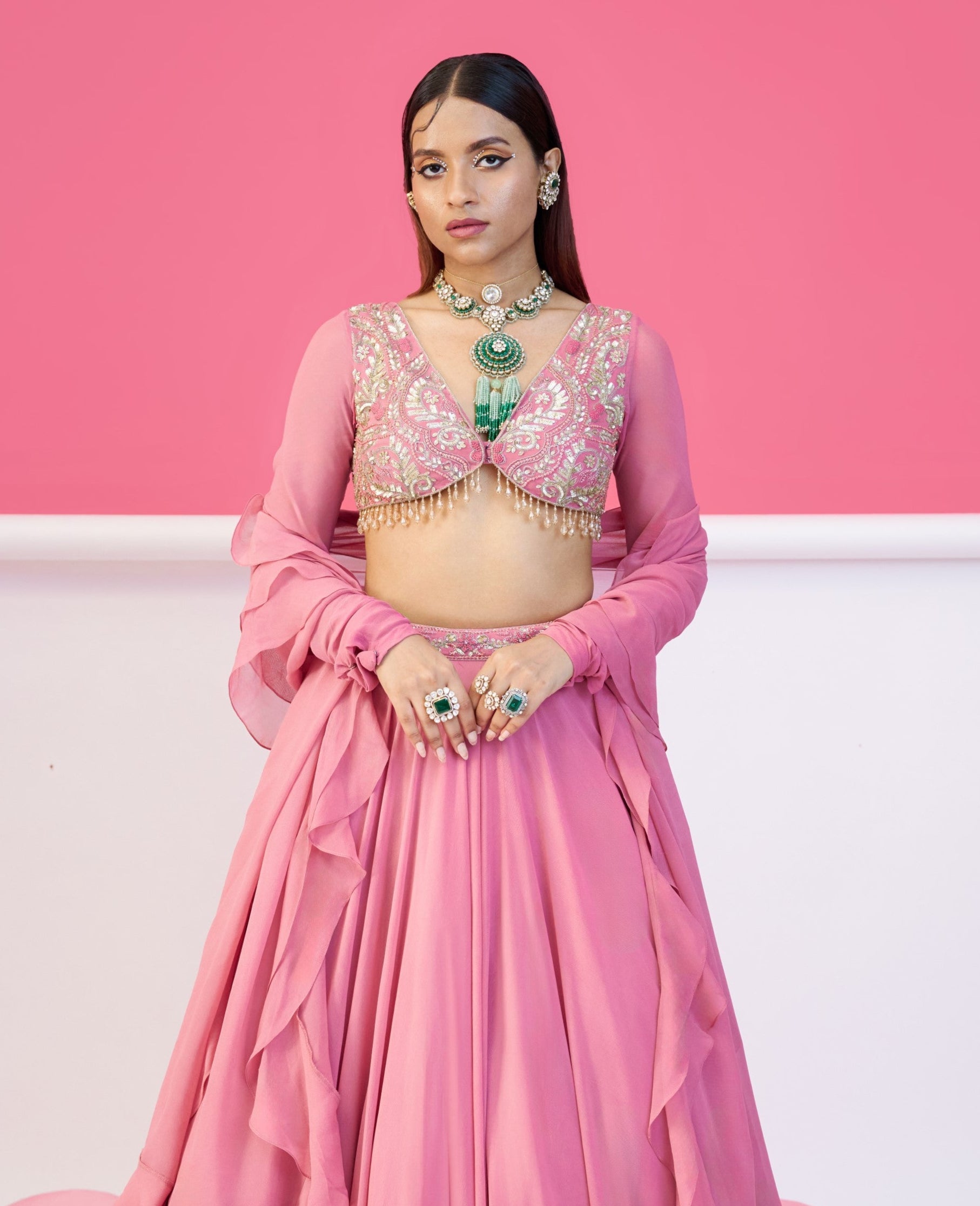 Majestic Peachy Pink Georgette Regal Rose Lehenga Intricate Embroidery