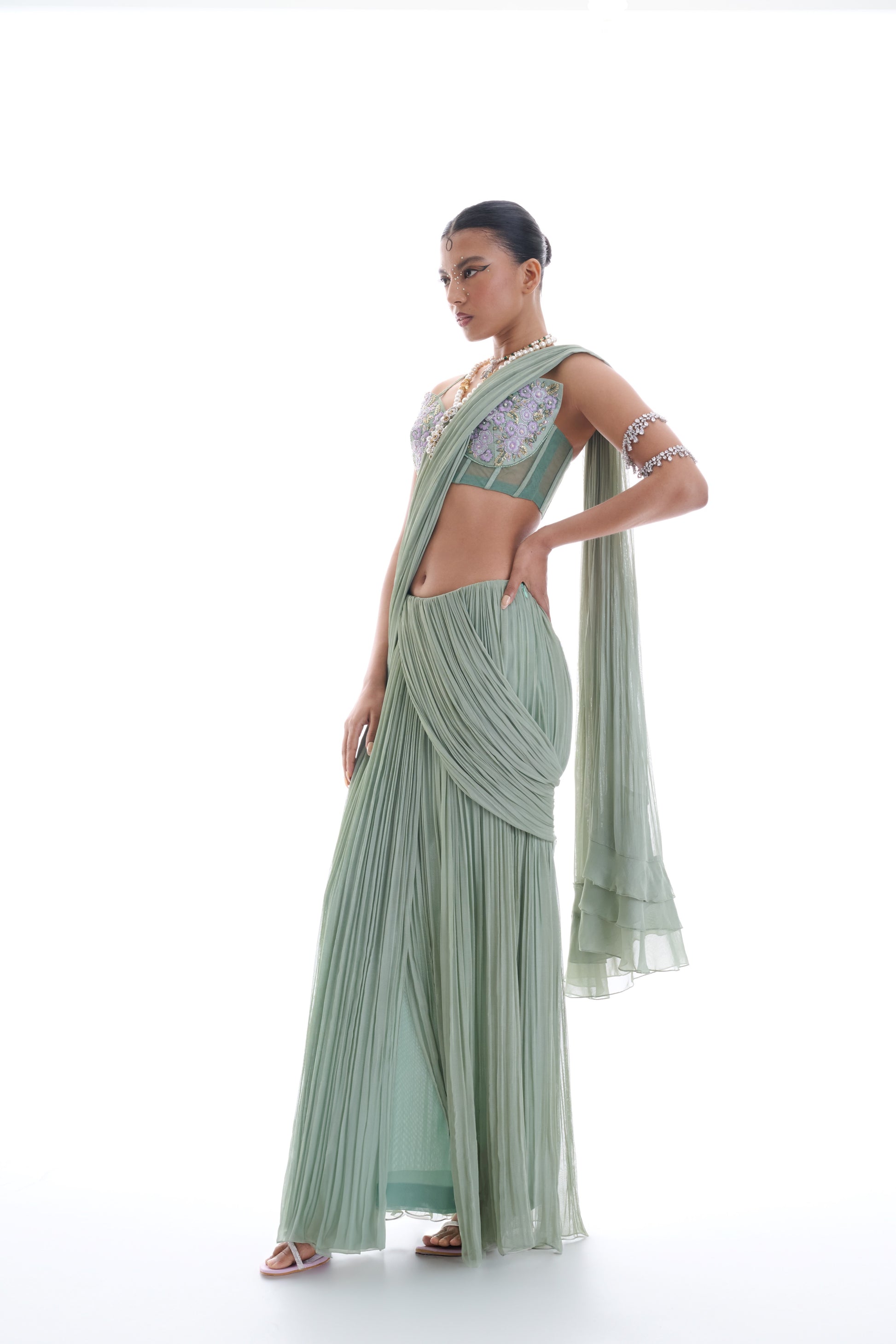 Ethereal Sage Green Dupian Silk Georgette Corset Saree Floral Embroidery
