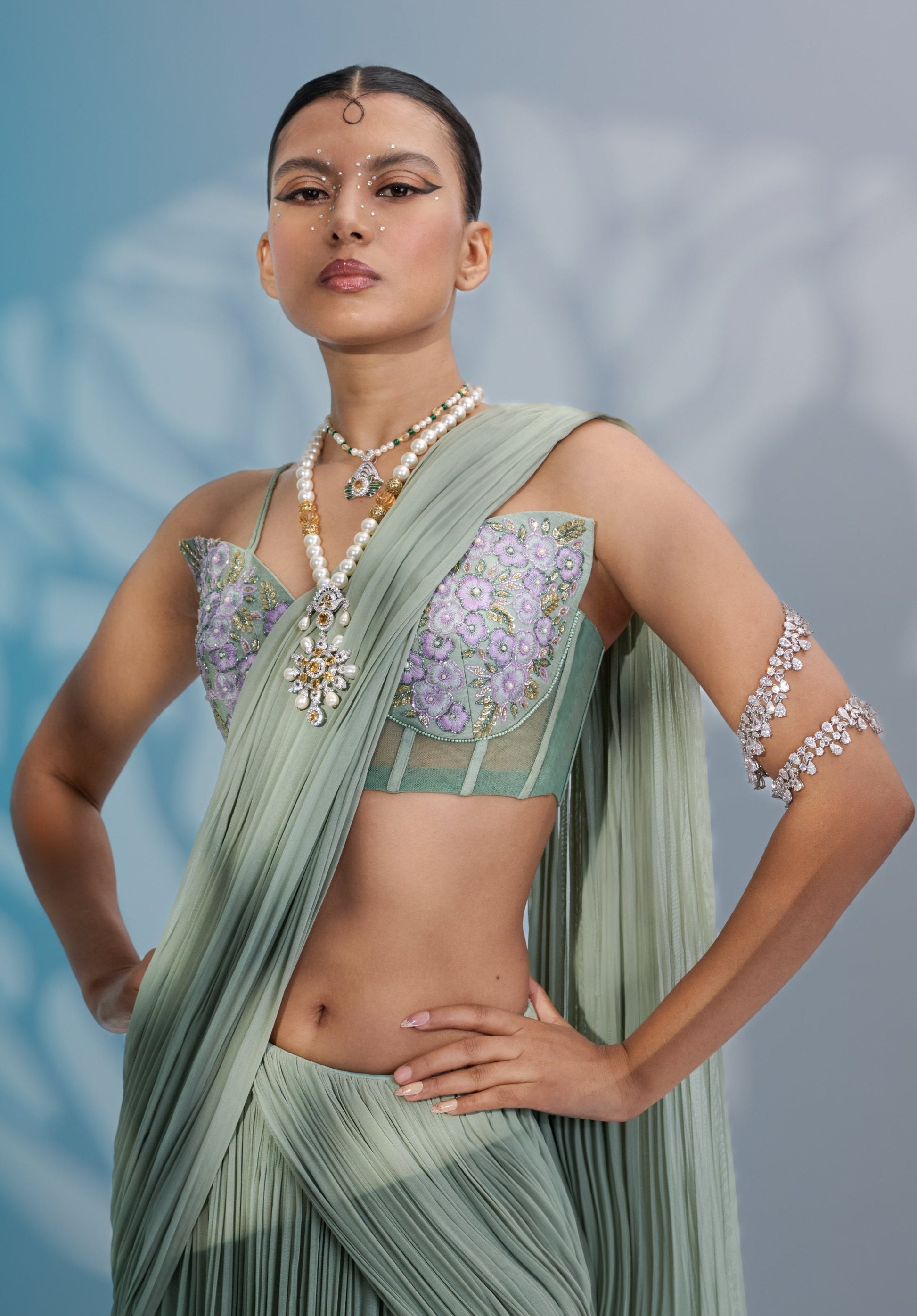 Ethereal Sage Green Dupian Silk Georgette Corset Saree Floral Embroidery