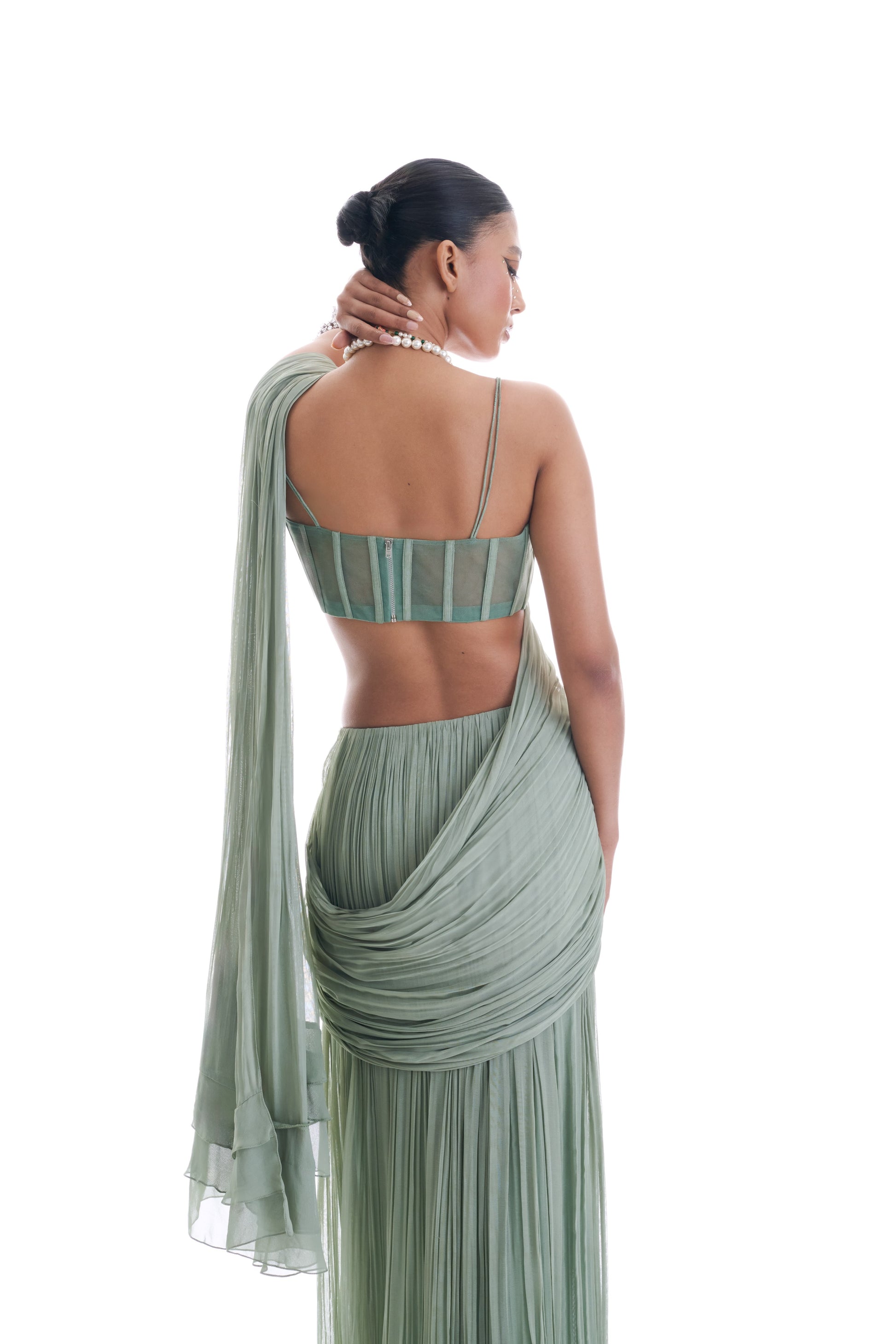 Ethereal Sage Green Dupian Silk Georgette Corset Saree Floral Embroidery