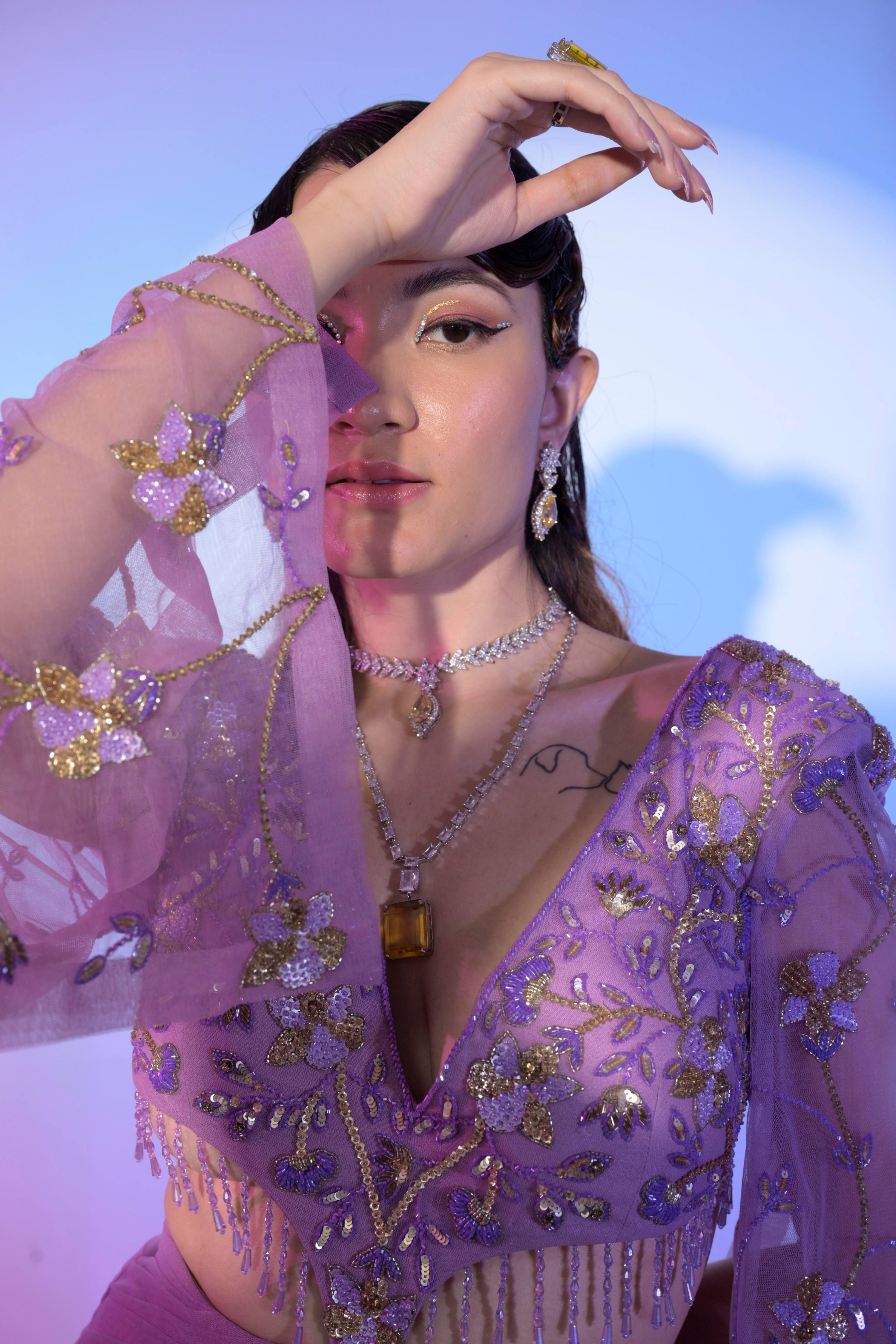 Spotlight Lilac Georgette Luxe Crystal Dress Cocktail Wear