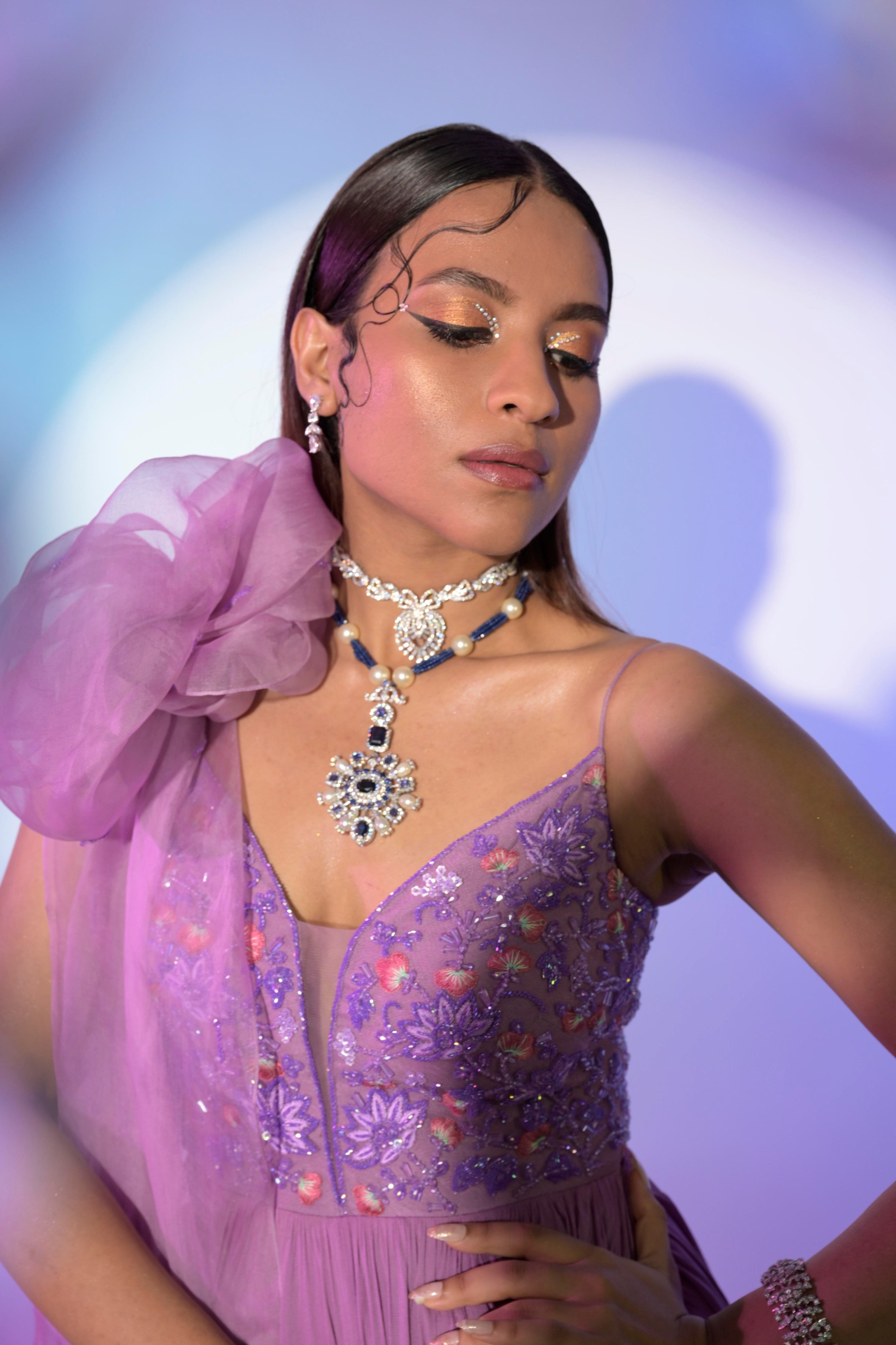 Stunning Lilac Georgette Orchid Anarkali Gown Red Embroidery