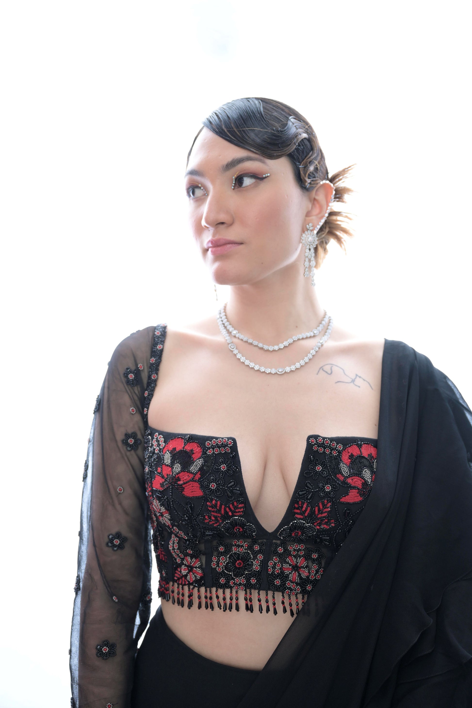 Timeless Black Georgette Ebony Elegance Ready Saree Red Embroidery