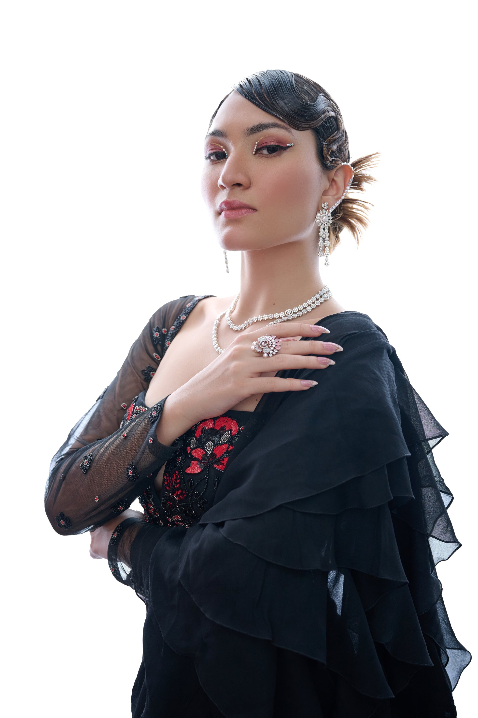 Timeless Black Georgette Ebony Elegance Ready Saree Red Embroidery