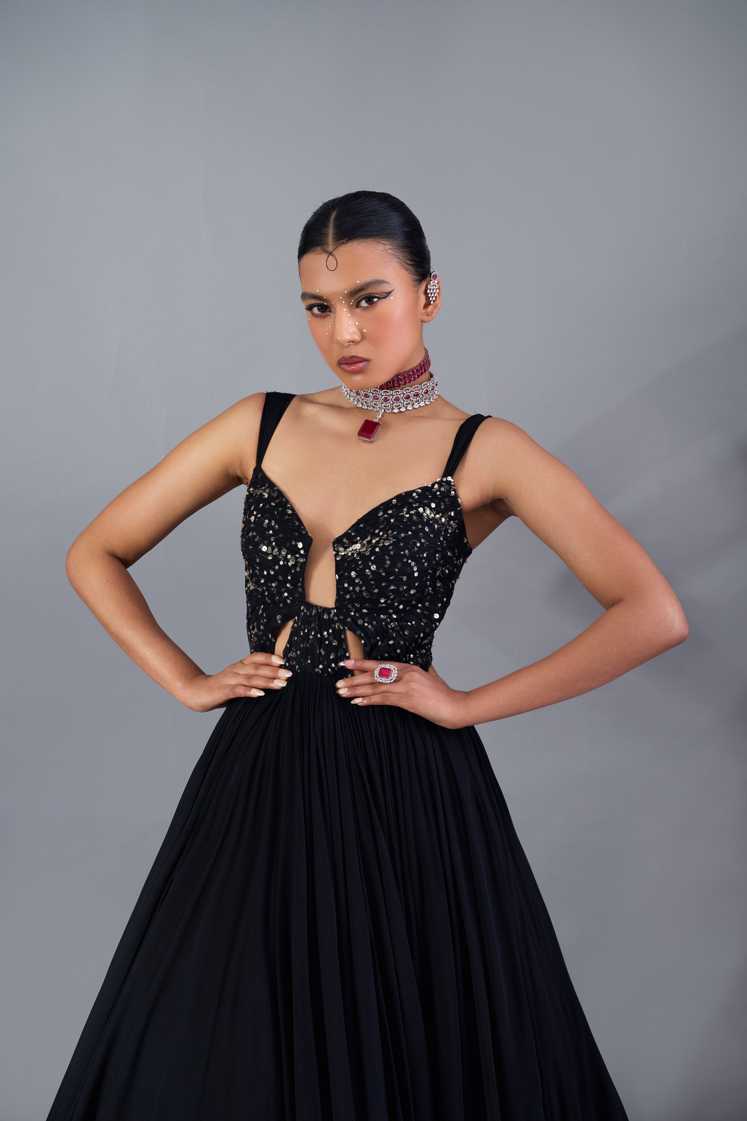 Alluring Black Georgette Golden Eclipse Anarkali Gown Speckles