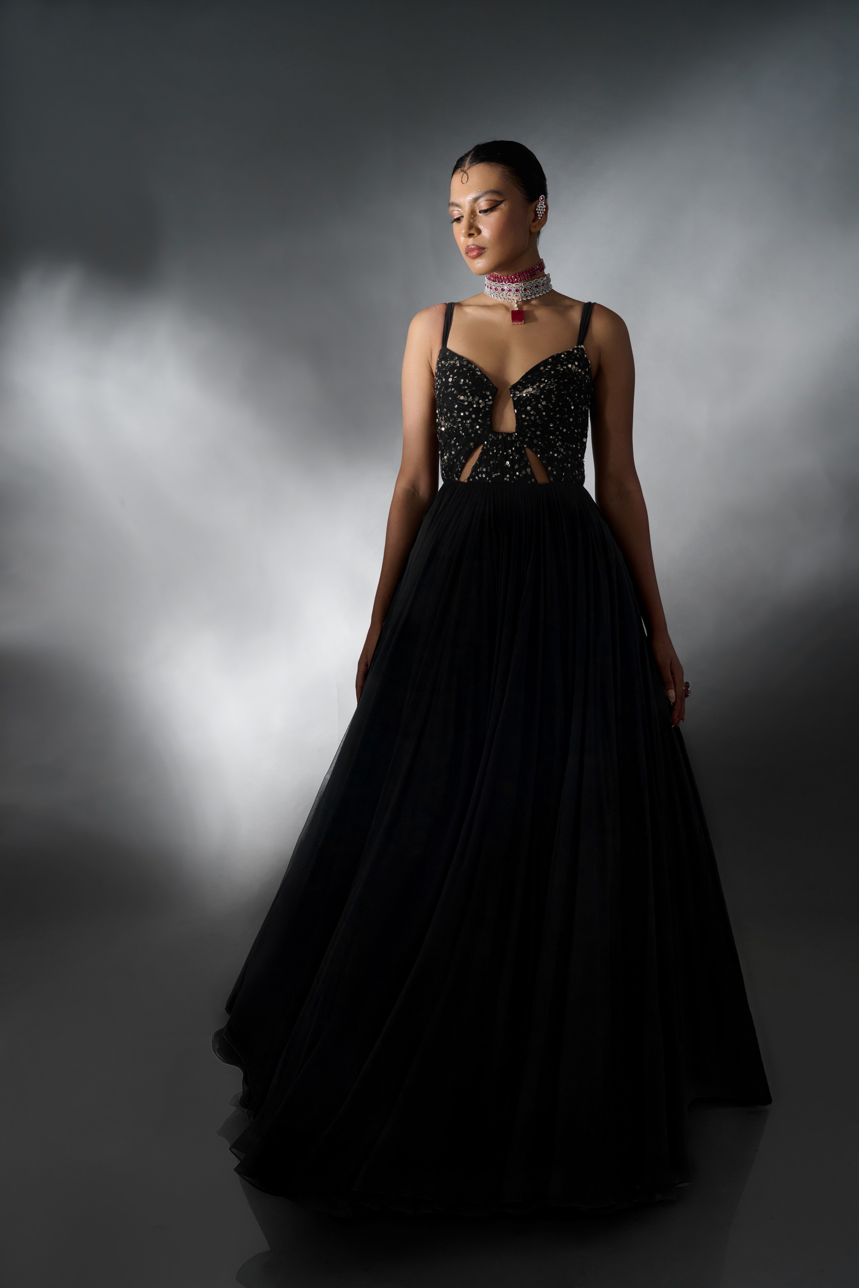 Alluring Black Georgette Golden Eclipse Anarkali Gown Speckles