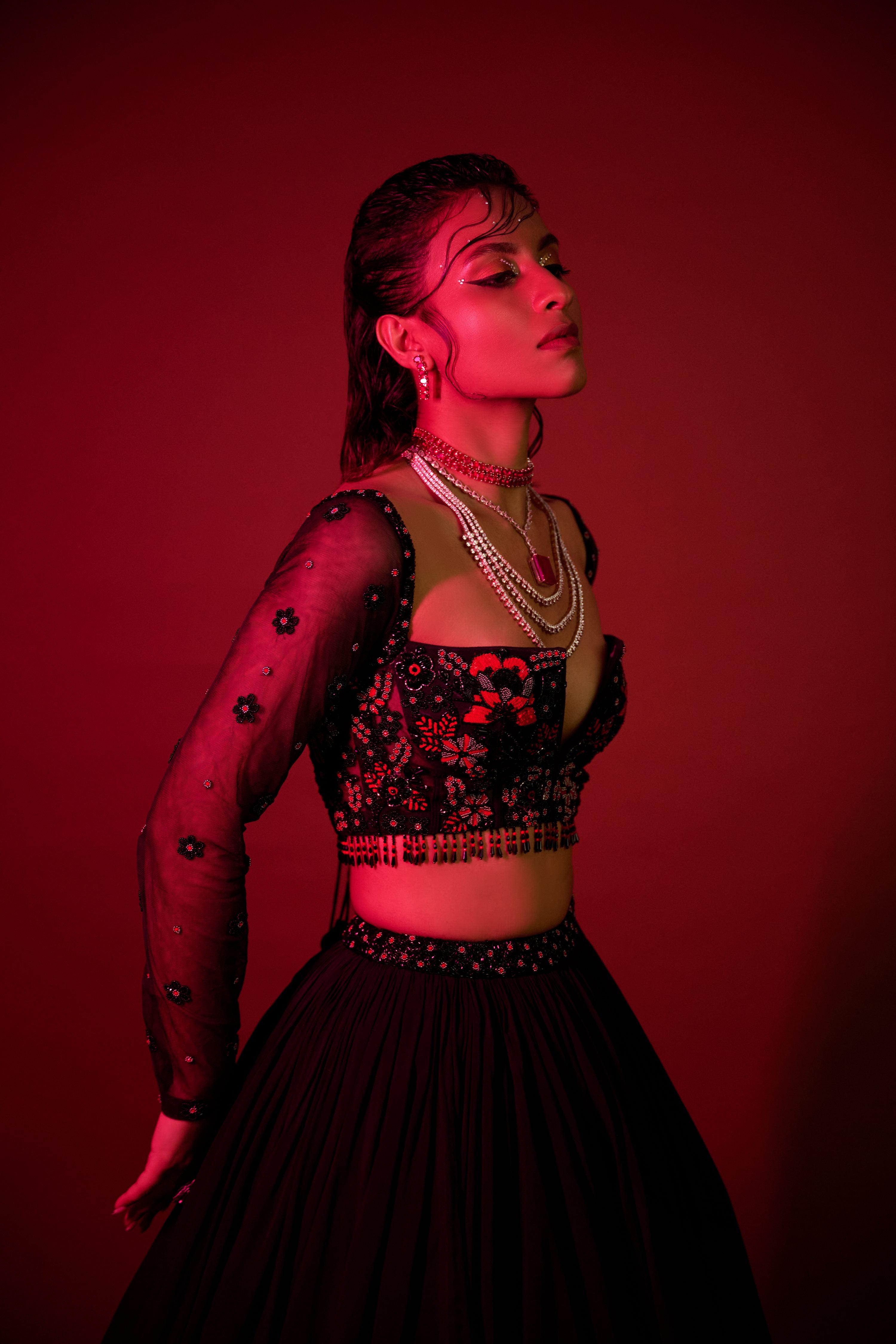 Captivating Black Georgette Crimson Grace Lehenga Red Embroidery