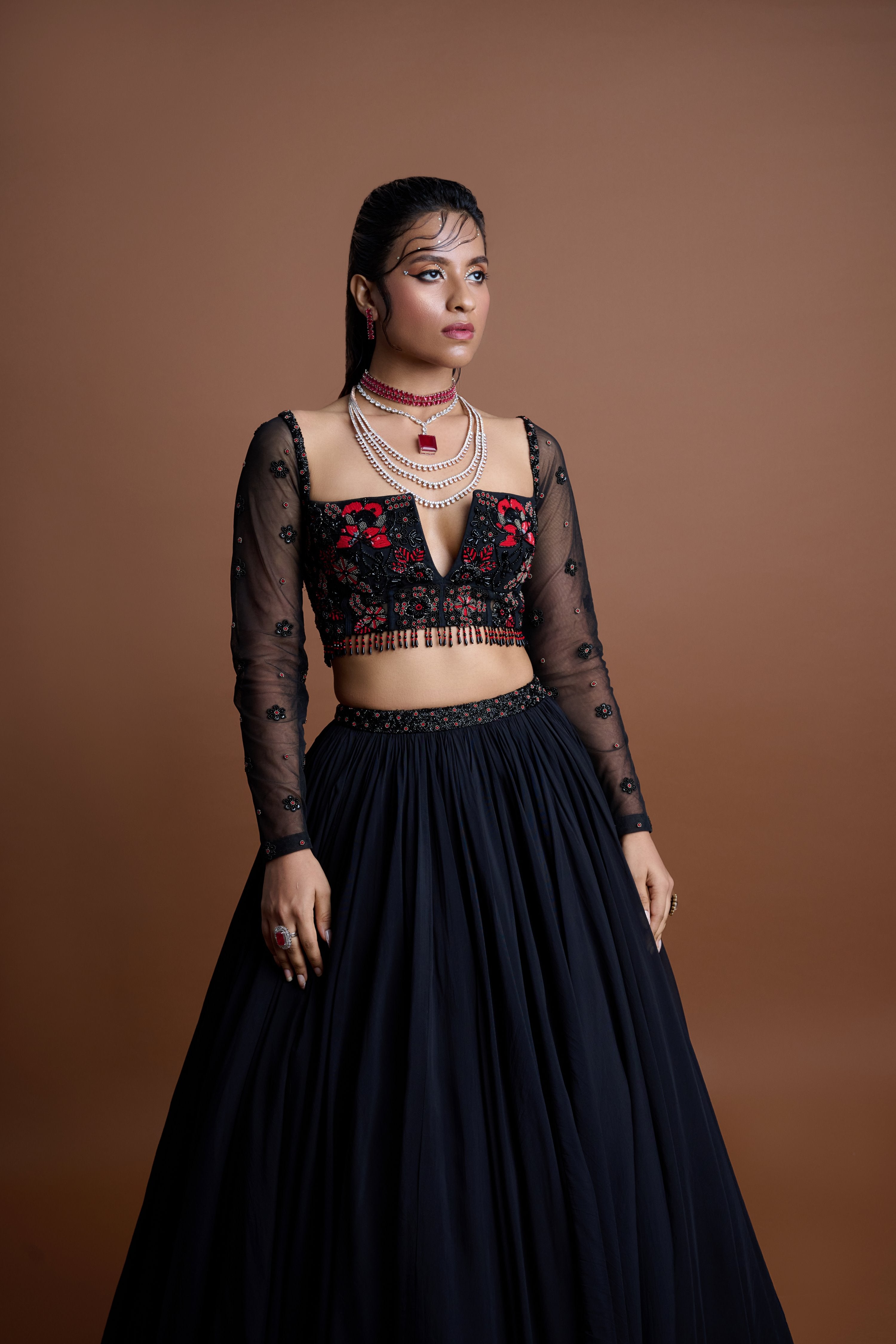 Captivating Black Georgette Crimson Grace Lehenga Red Embroidery
