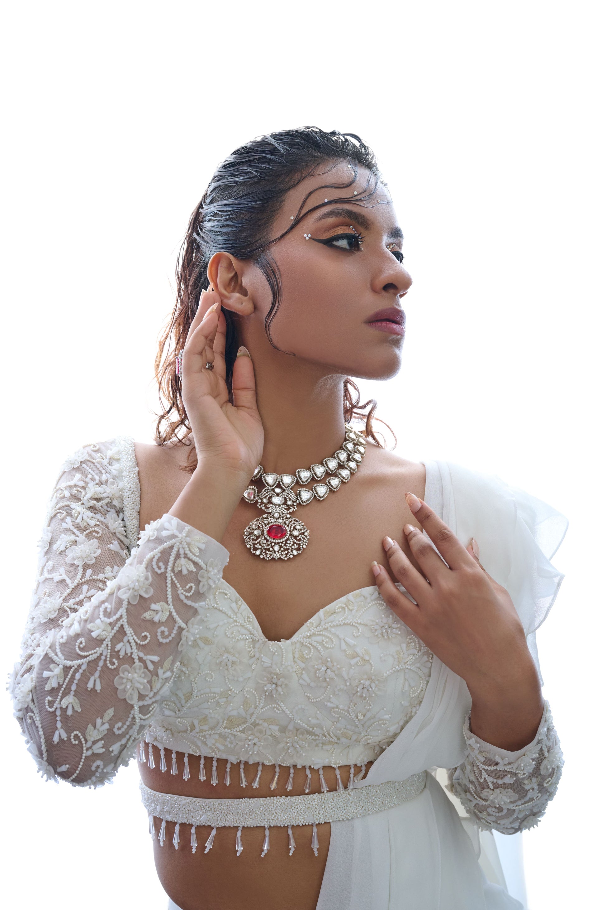 Timeless Ivory Georgette Iconic Stitched Saree Embroidered Blouse