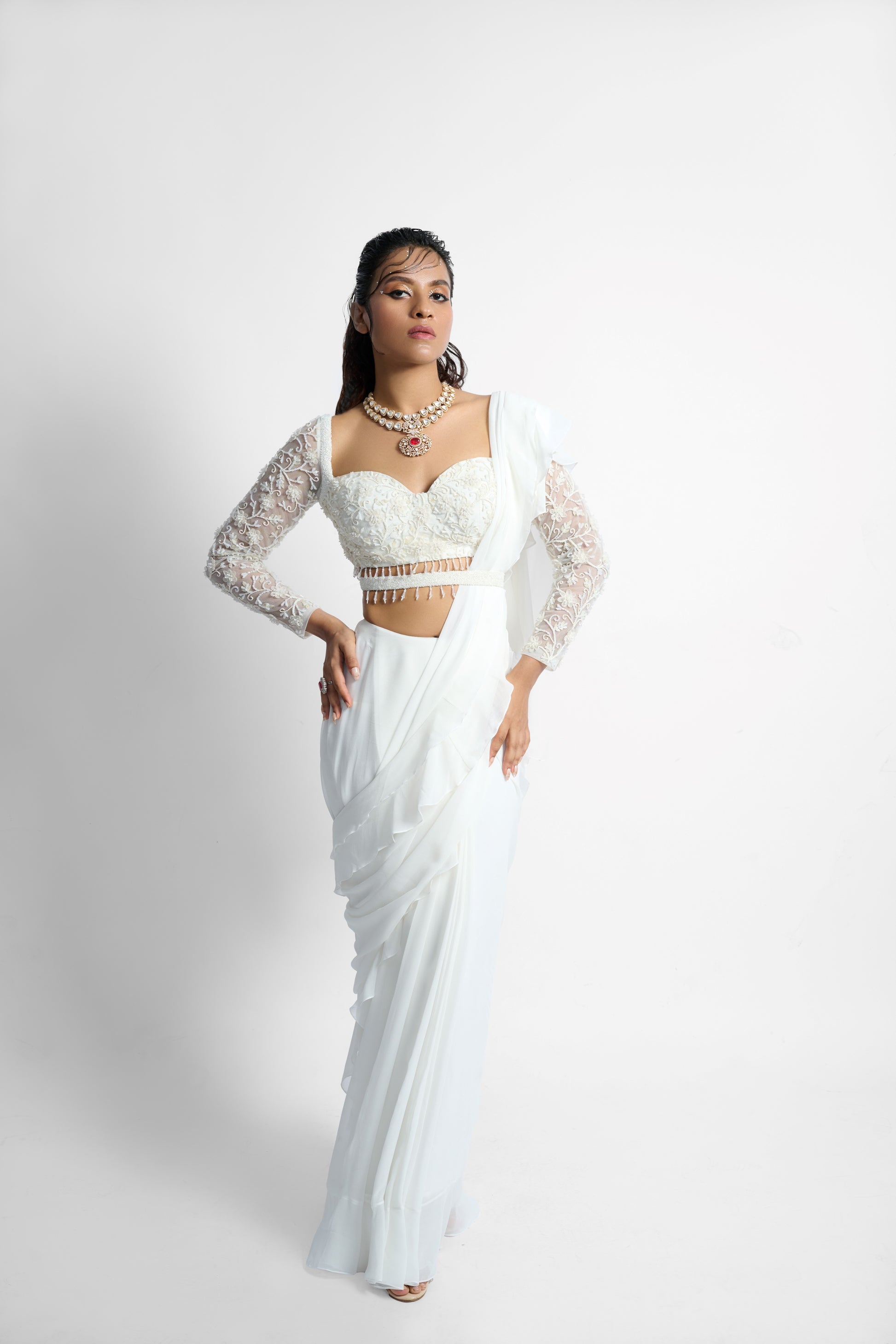 Timeless Ivory Georgette Iconic Stitched Saree Embroidered Blouse