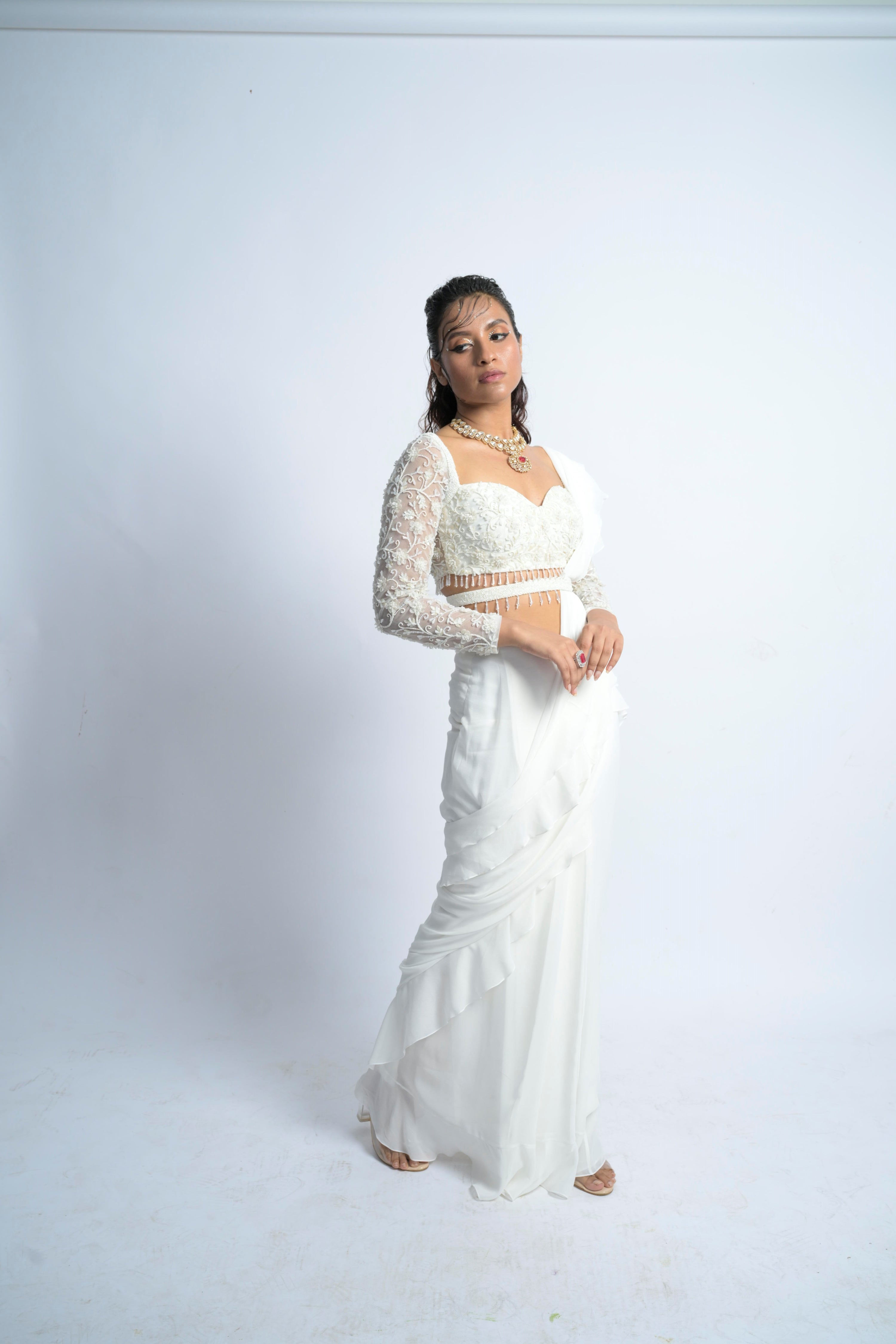 Timeless Ivory Georgette Iconic Stitched Saree Embroidered Blouse