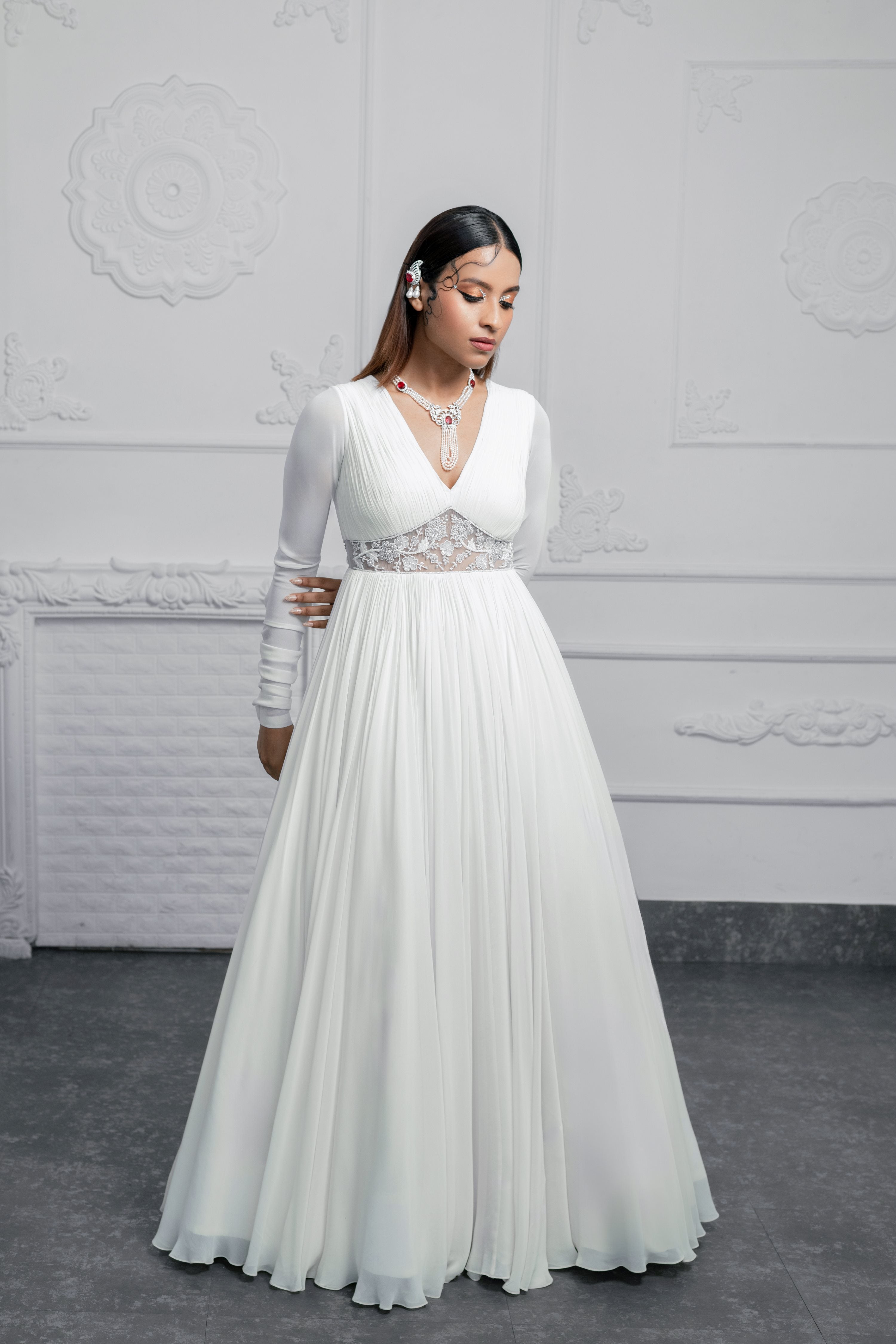 Elegant Ivory Georgette Empress Anarkali Gown Waist Embroidery