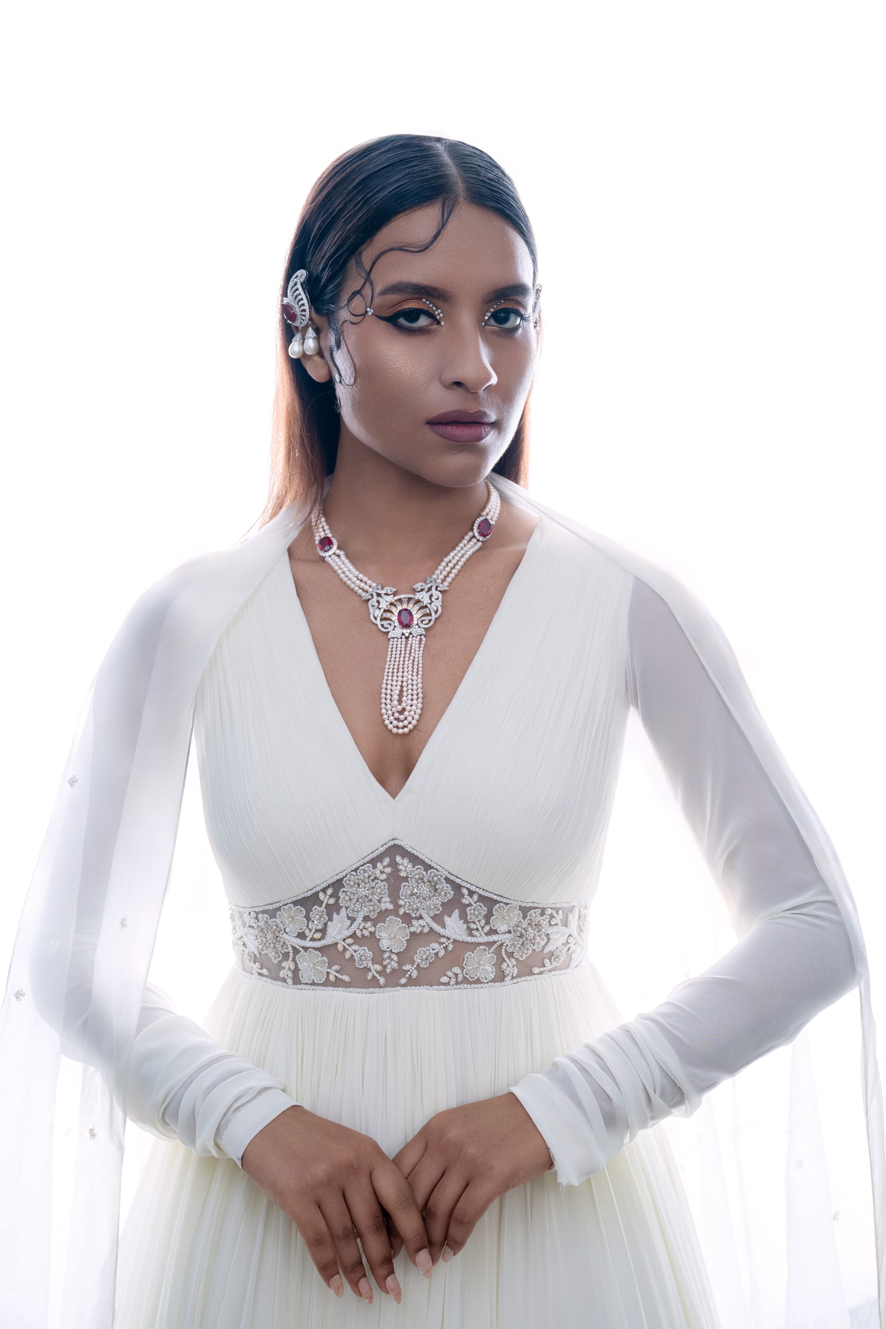 Elegant Ivory Georgette Empress Anarkali Gown Waist Embroidery