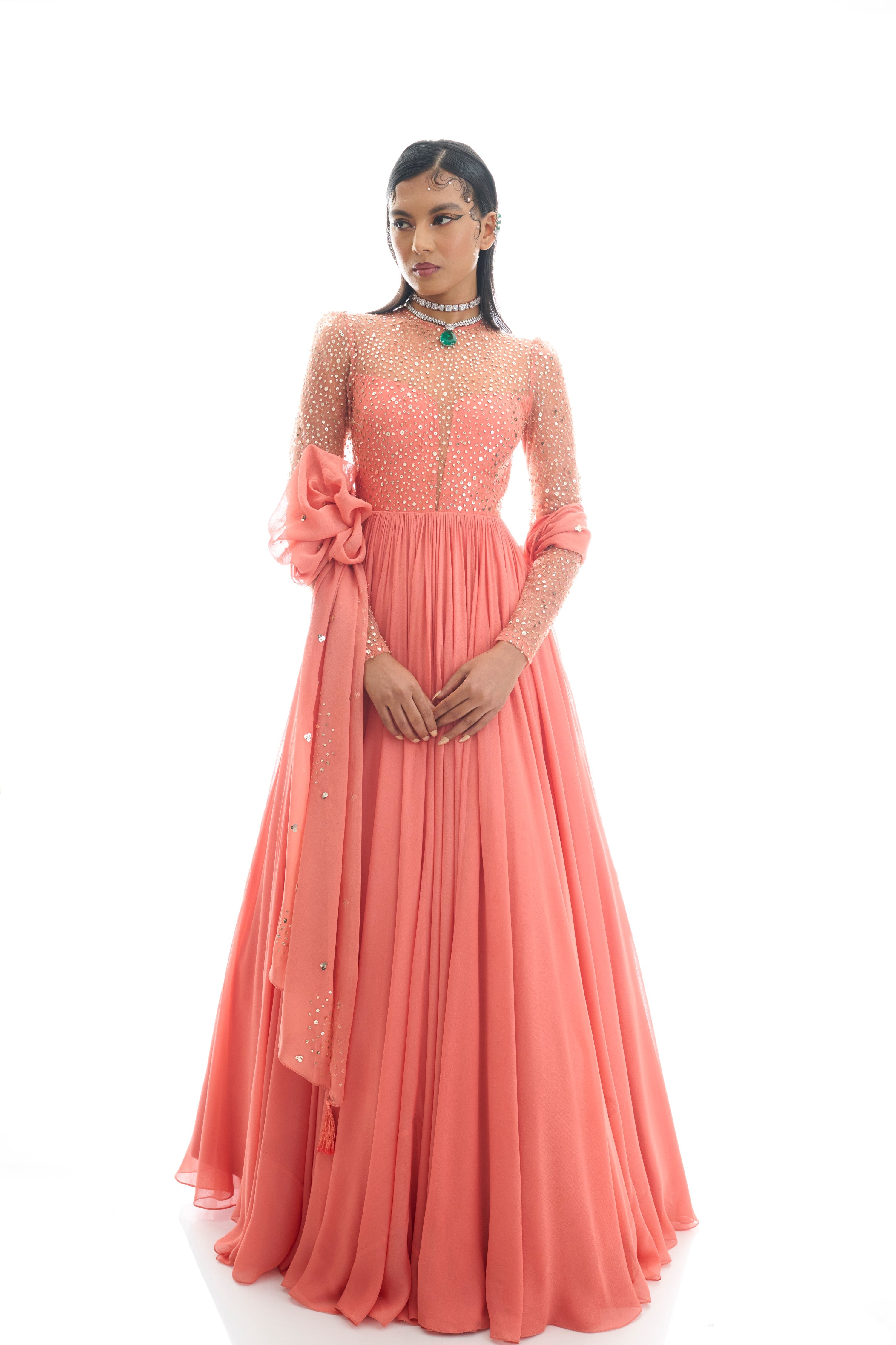 Timeless Ivory Apricot Georgette Sunburst Glamour Gown Gold Speckles