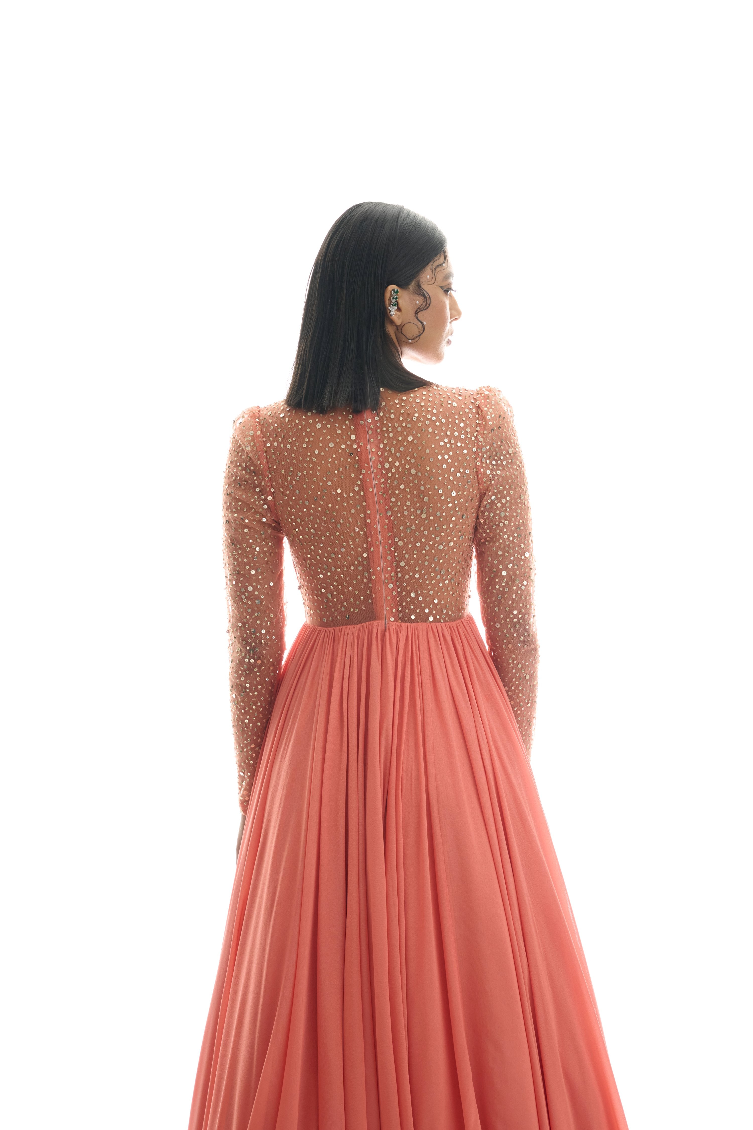 Timeless Ivory Apricot Georgette Sunburst Glamour Gown Gold Speckles