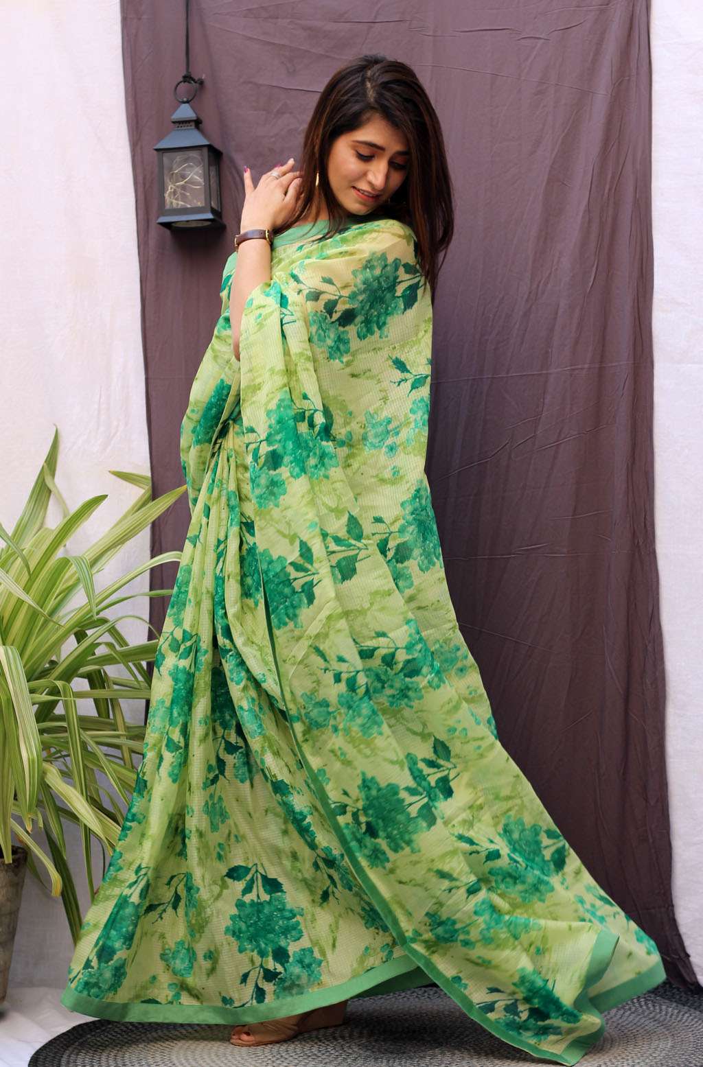 Vibrant Green Multicolor Kota Doria Floral Print Saree - Aura