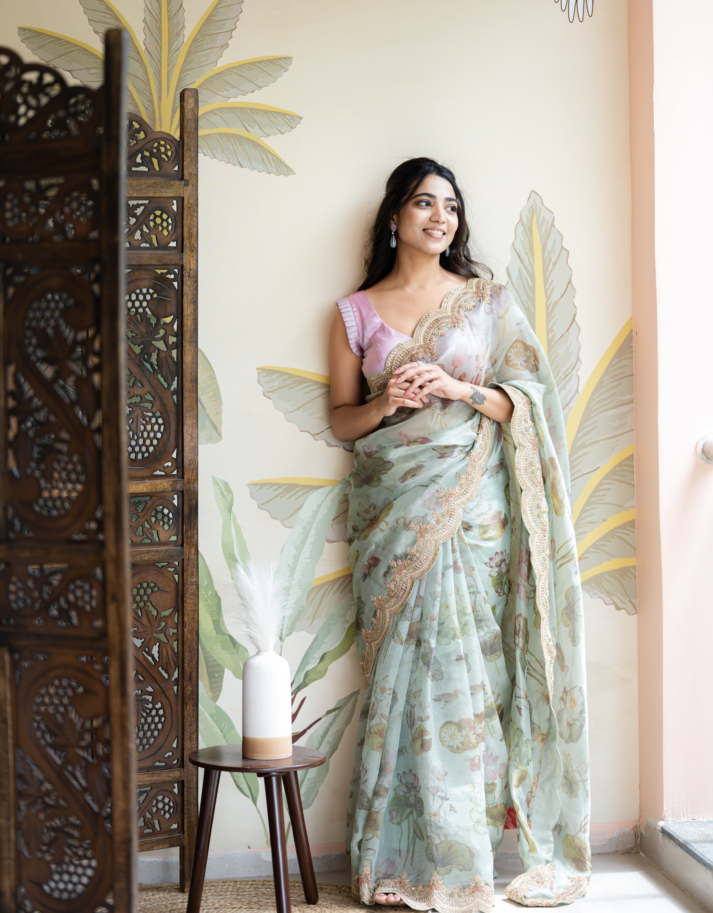 Pastel Mint Green Tissue Organza Saree Zardosi Scallop Border Antique Zari