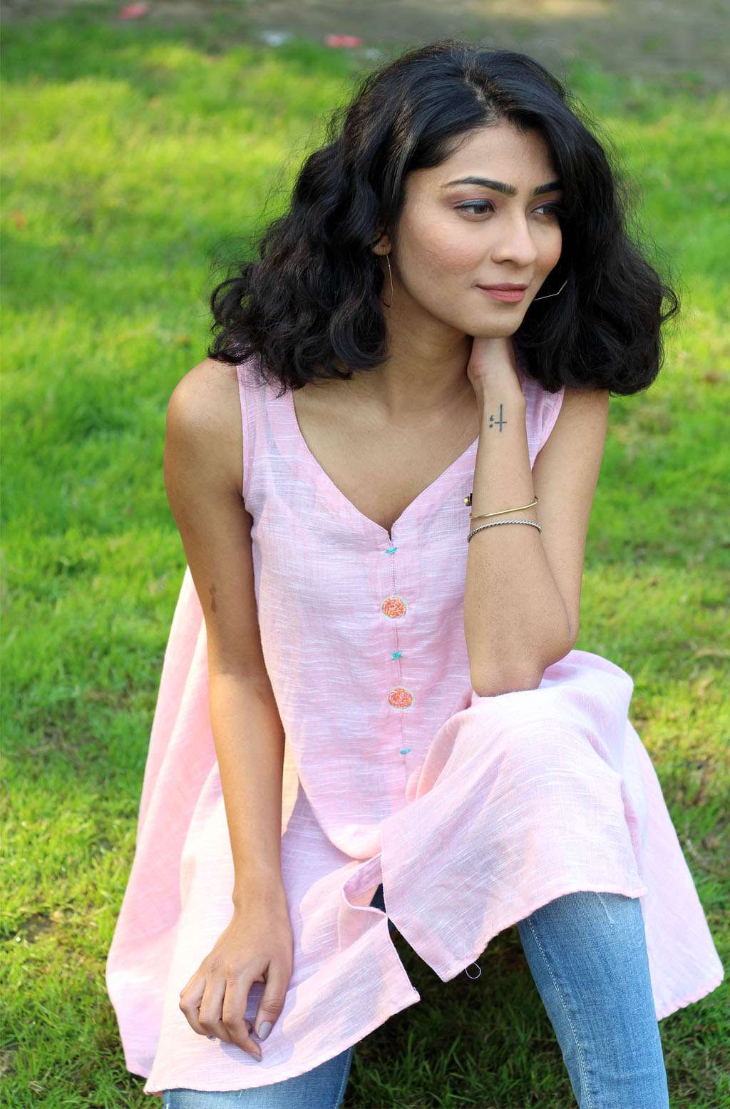 Twirl-Ready Baby Pink Handloom Cotton Umbrella Tunic - Anna Flair