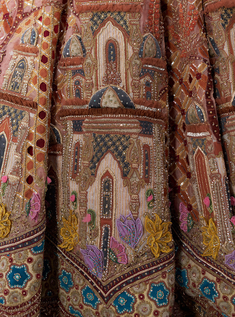 Opulent Peach Velvet Qila Cutwork Lehenga with 3D Dupatta