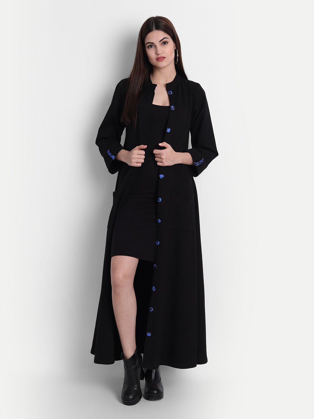 Bold Black Fleece Leopard Print Waist Tie Trench Coat