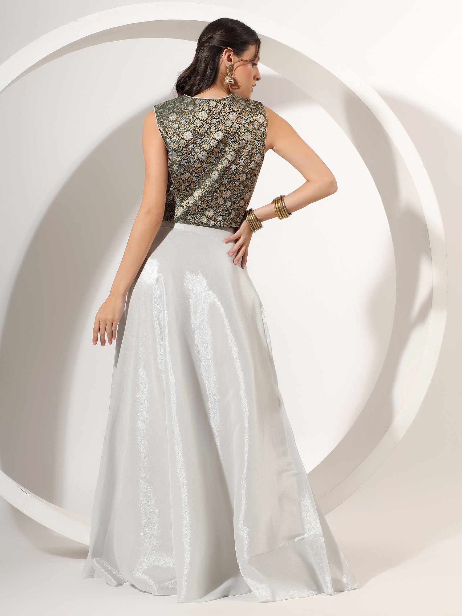 Chic Silver Tissue & Brocade Skirt with Designer Blouse Set