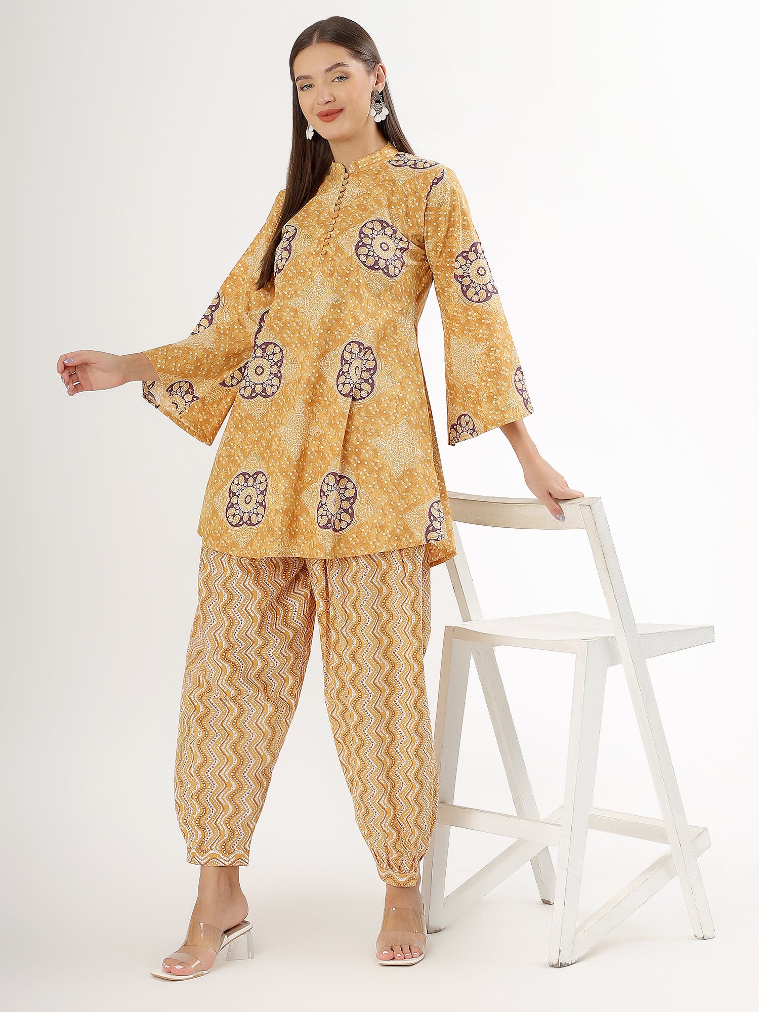 Mustard Floral Cotton Kurta with Salwar Set