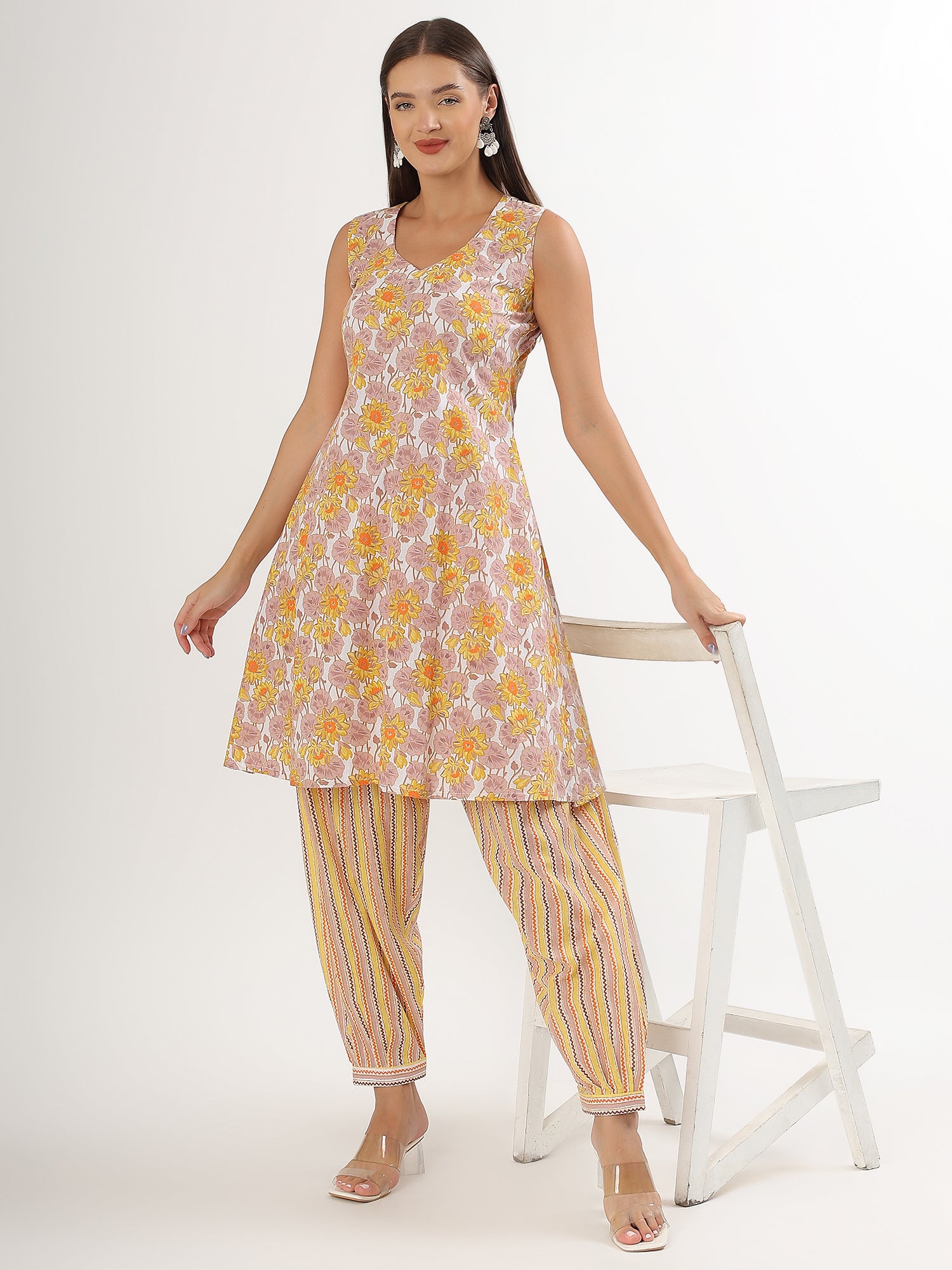 Yellow Floral Sleeveless A-line Cotton Kurta Salwar Set